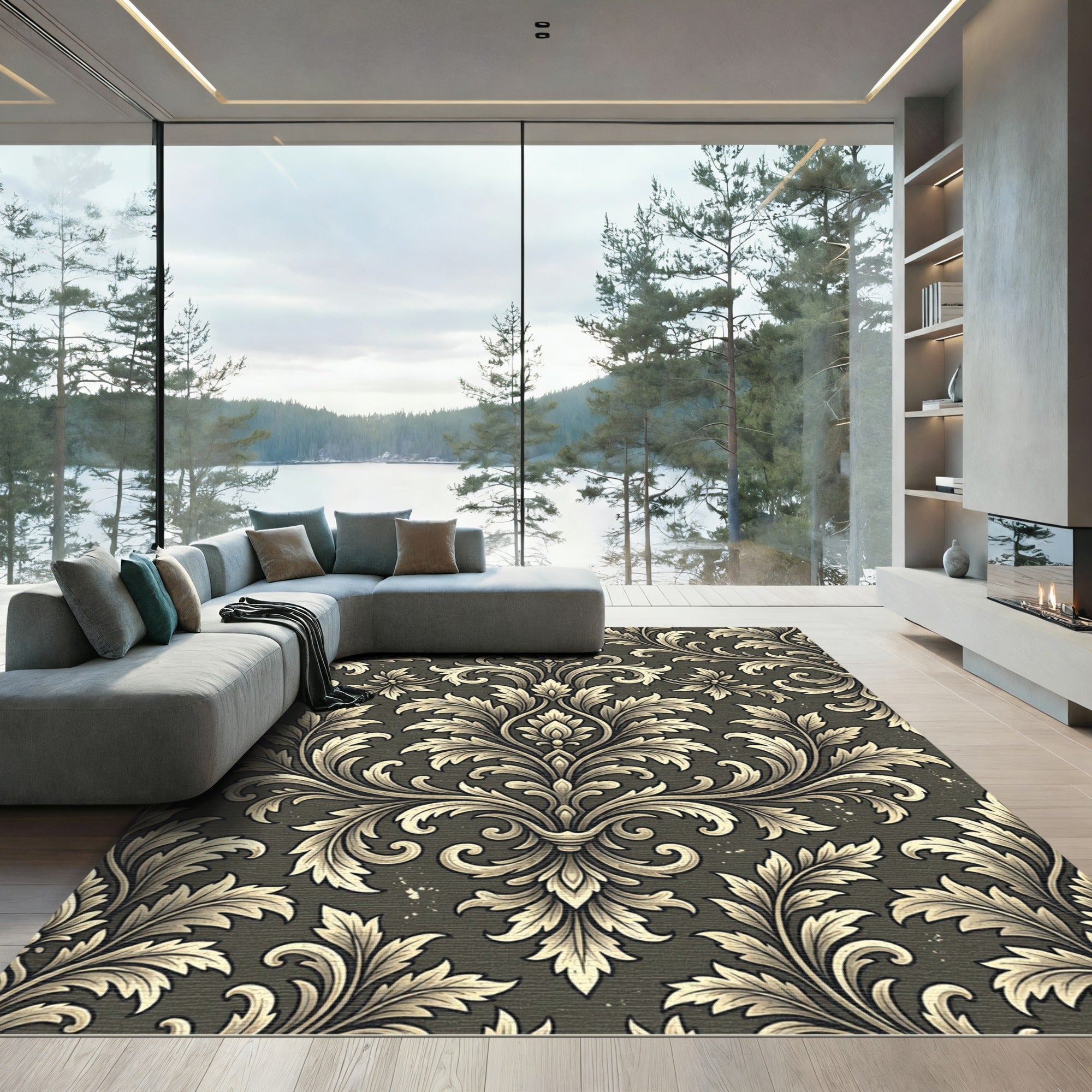 Elegant Charcoal Damask Scroll Foliage Rug