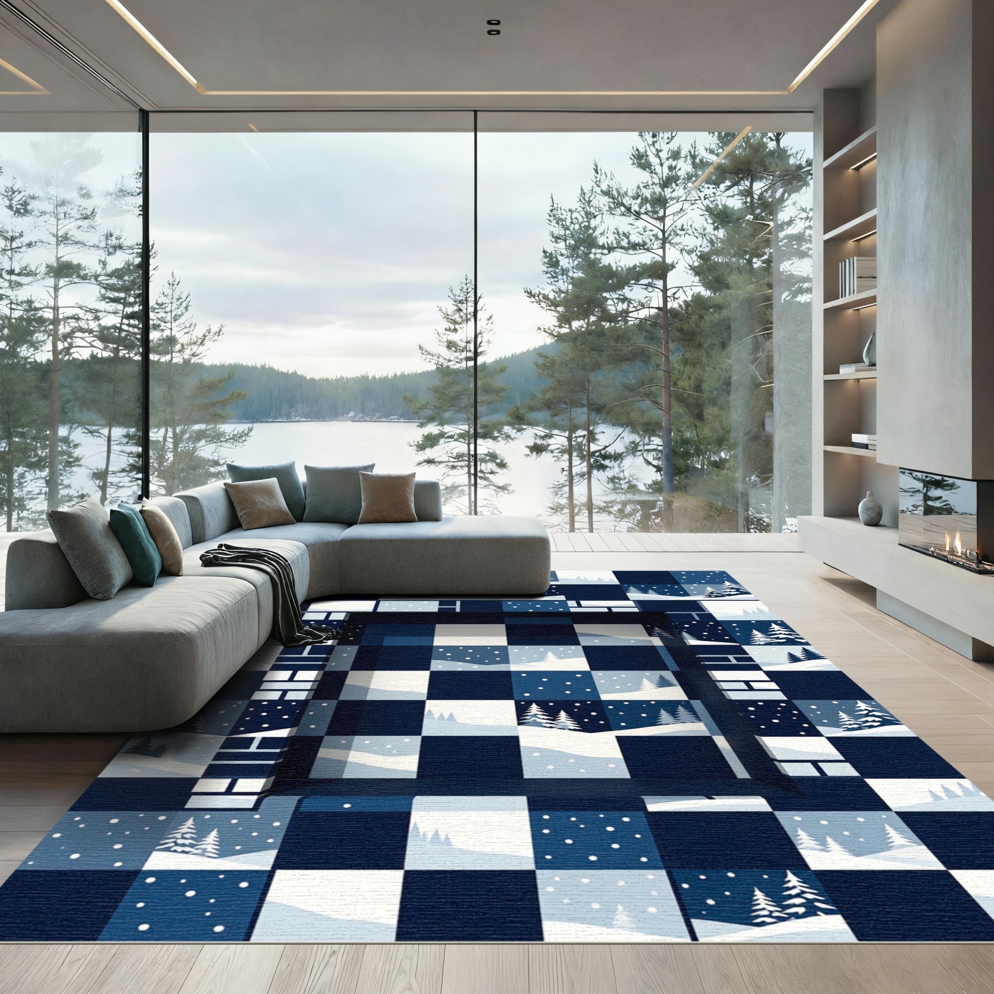 Midnight Winter Forest Checkerboard Grid Rug