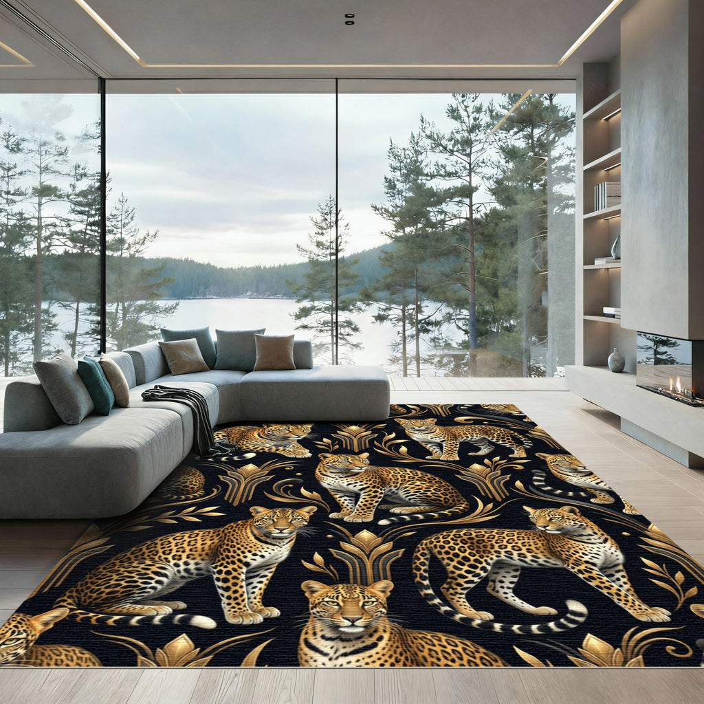 Golden Leopard Art Deco Floral Rug