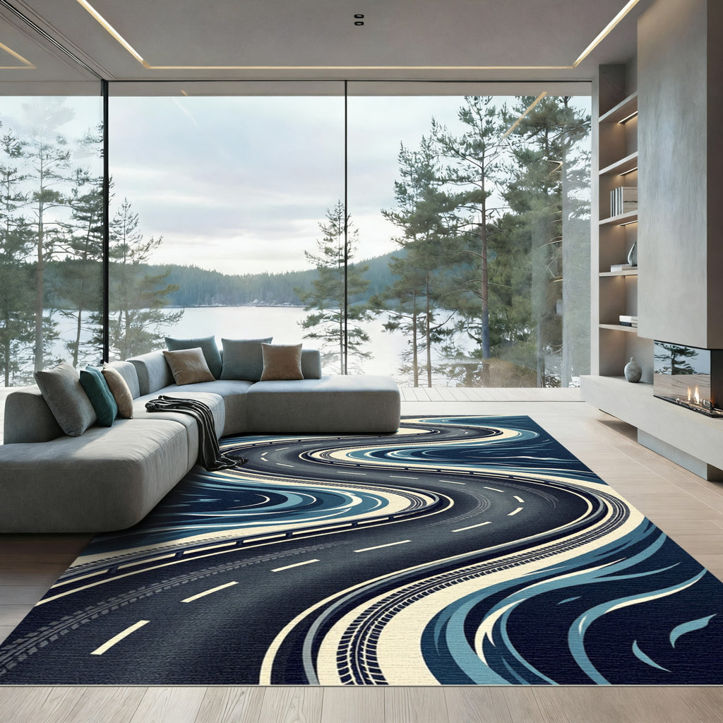 Abstract Navy Winding Road Curves Rug