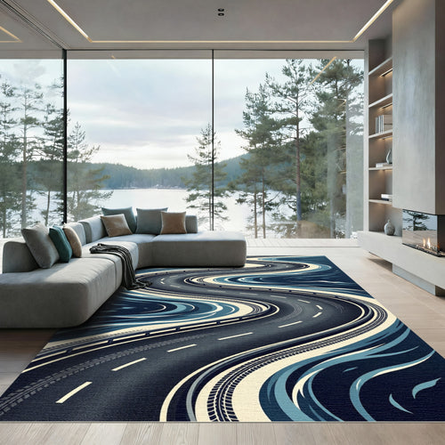 Abstract Navy Winding Road Curves Rug