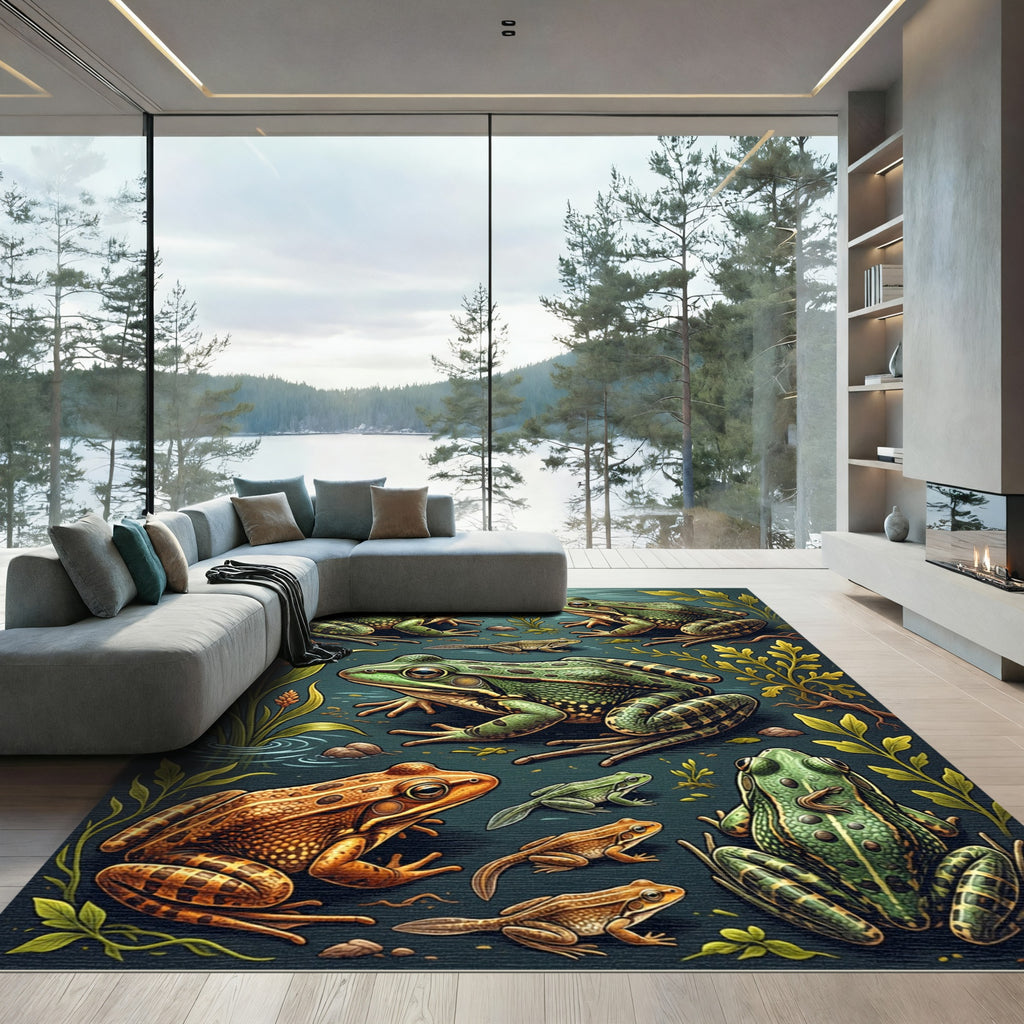 Whimsical Green Frog Pond Wildlife Rug