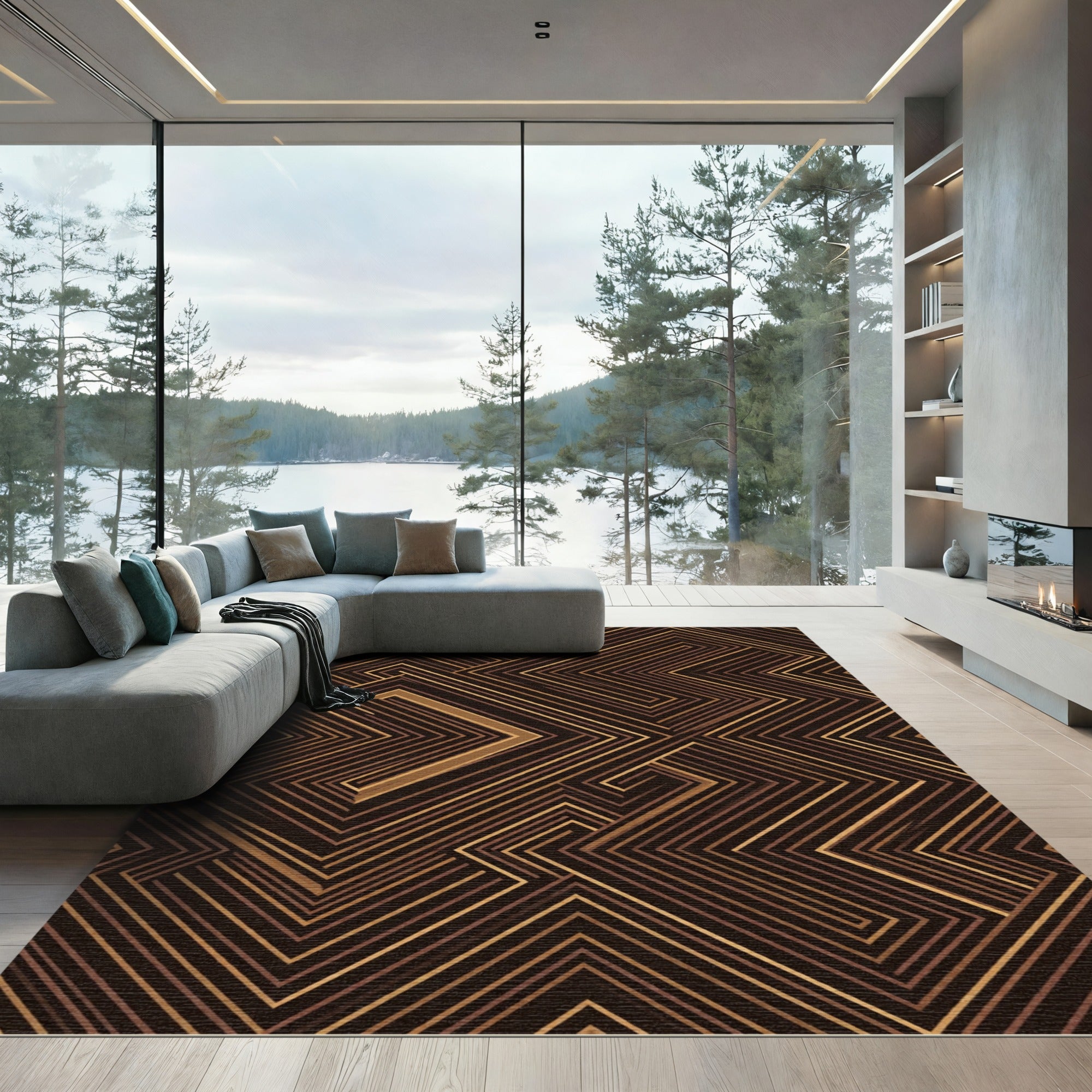 Geometric Linear Bronze Ochre Maze Rug