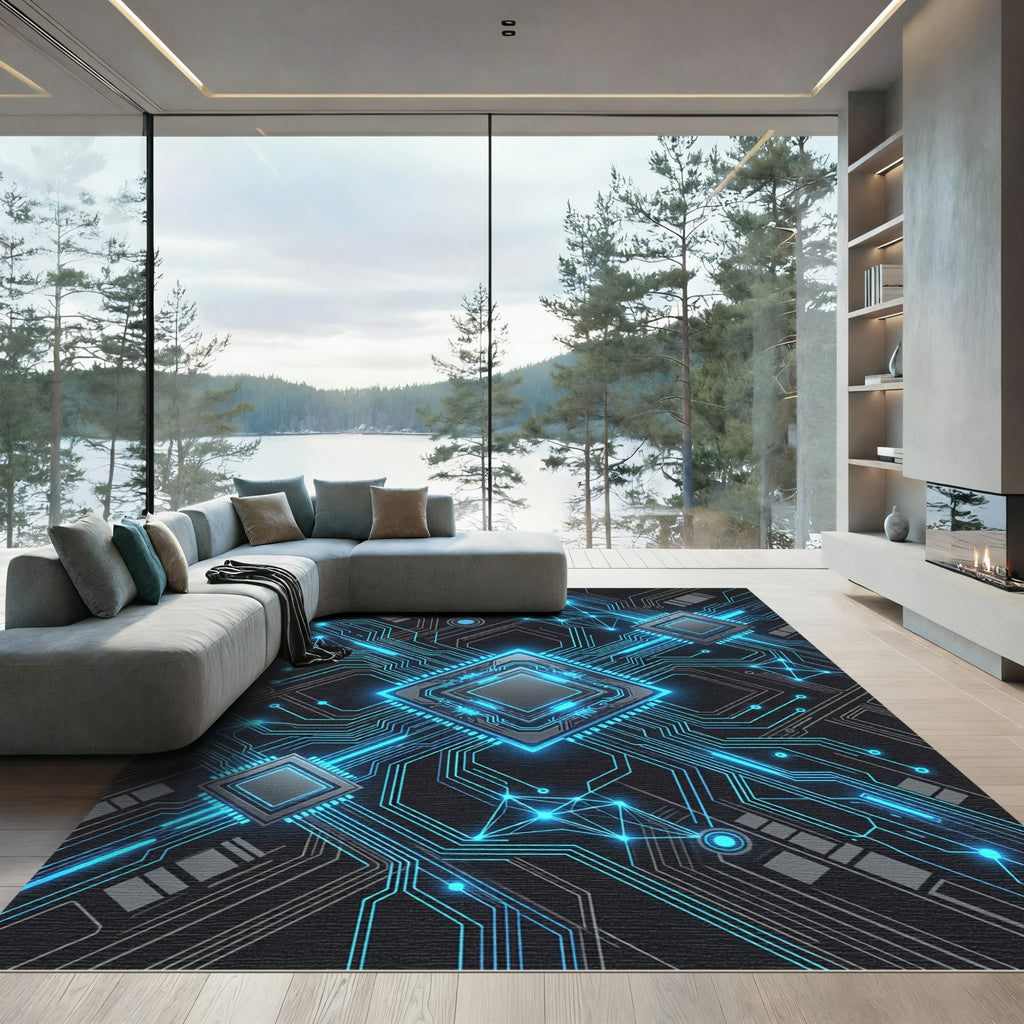 Neon Cybernetic Circuitry Electric Blue Grid Rug