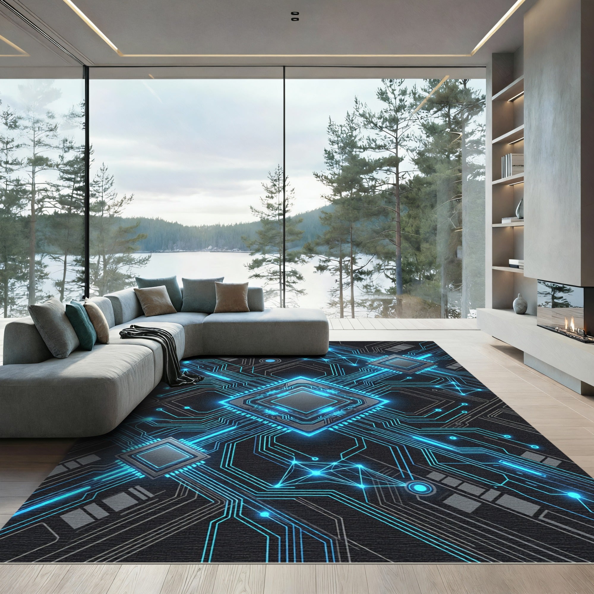Neon Cybernetic Circuitry Electric Blue Grid Rug