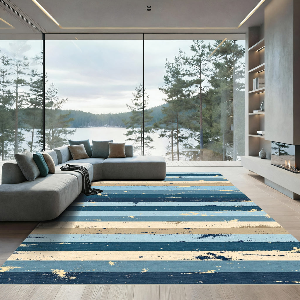 Distressed Blue and Beige Horizontal Stripe Rug