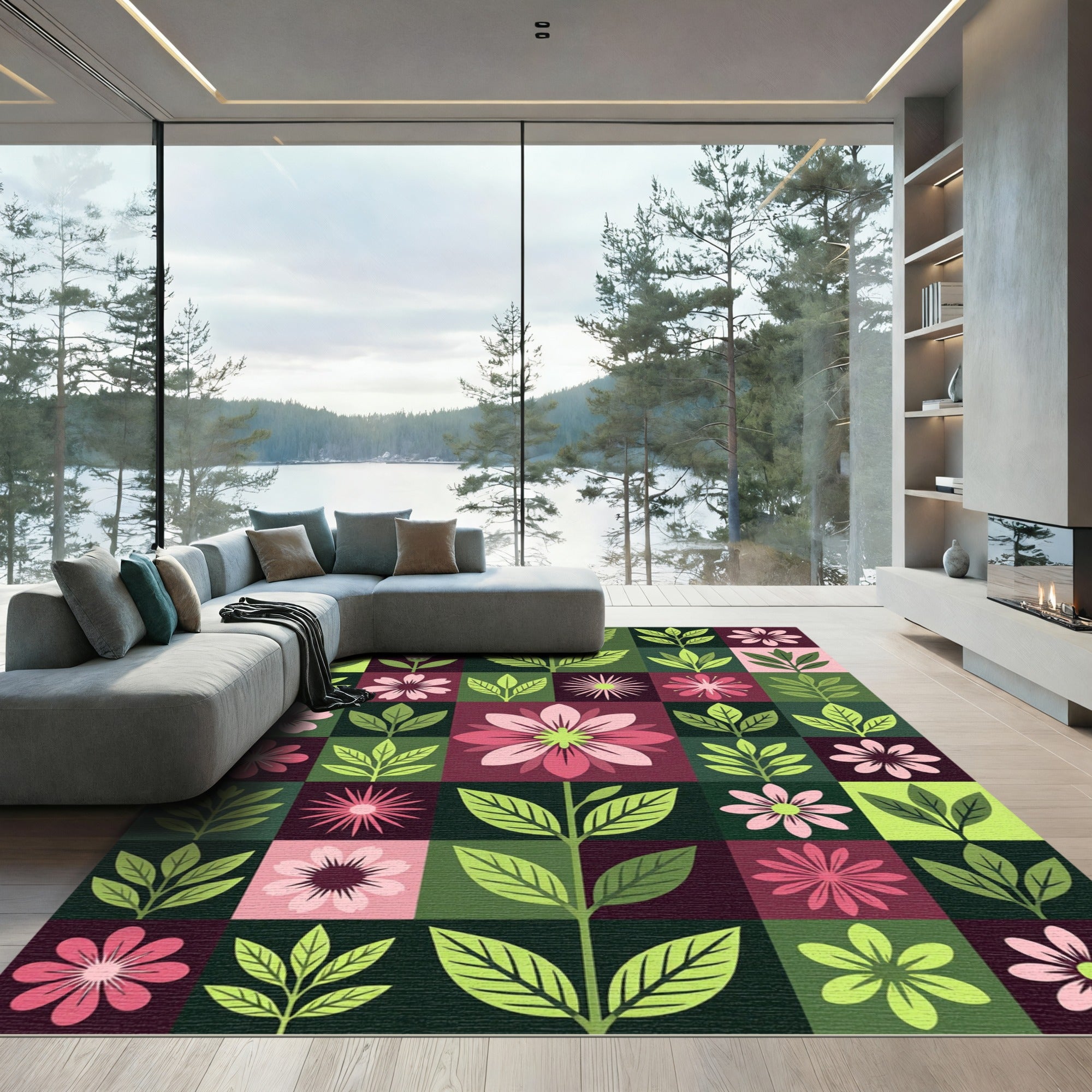 Modern Botanical Sage and Rose Grid Rug