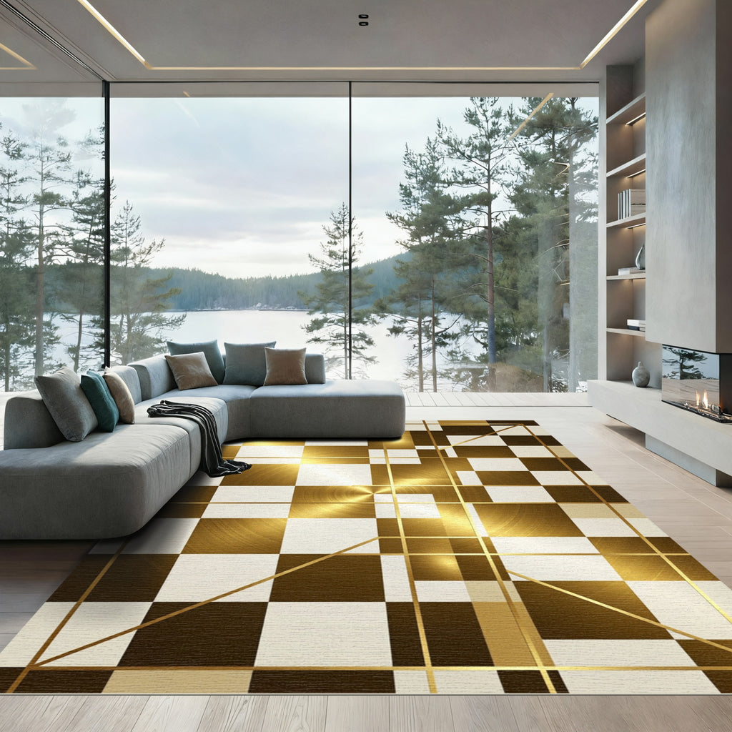 Geometric Golden White Abstract Squares Rug