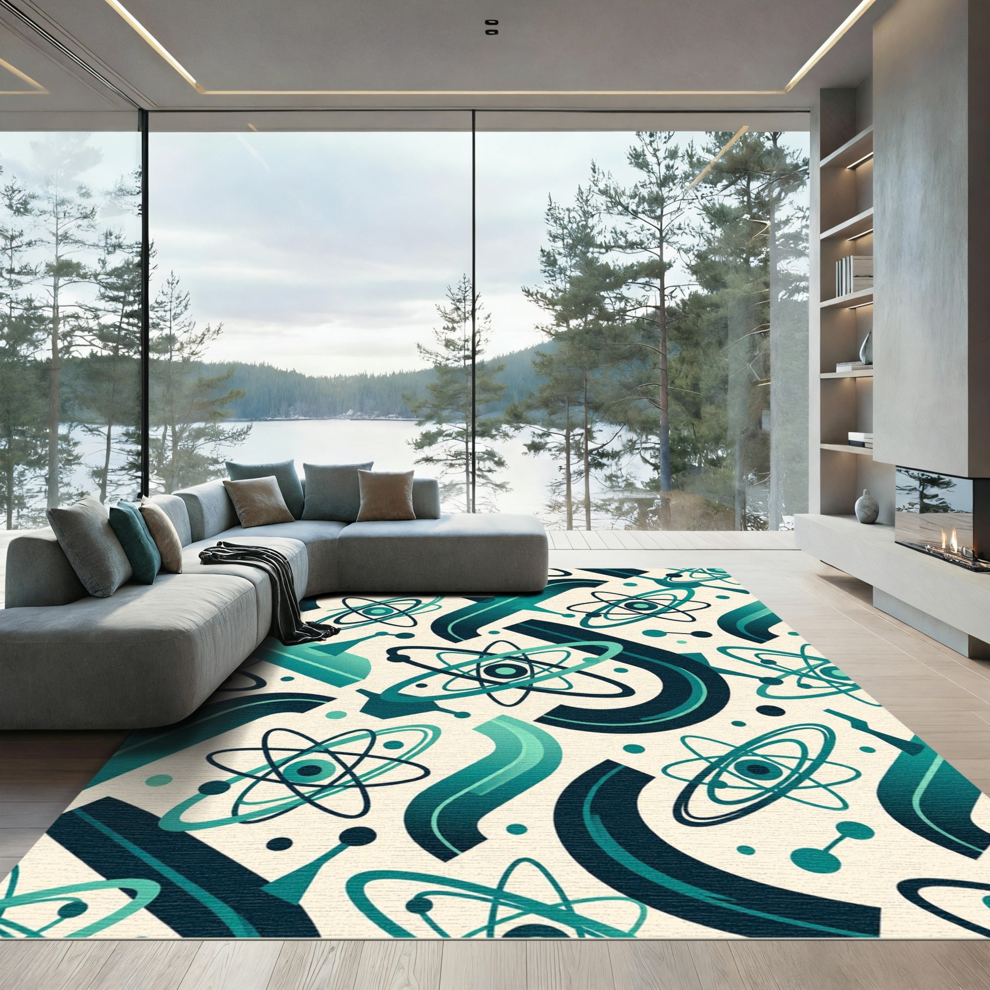 Teal Atomic Orbit Abstract Rug
