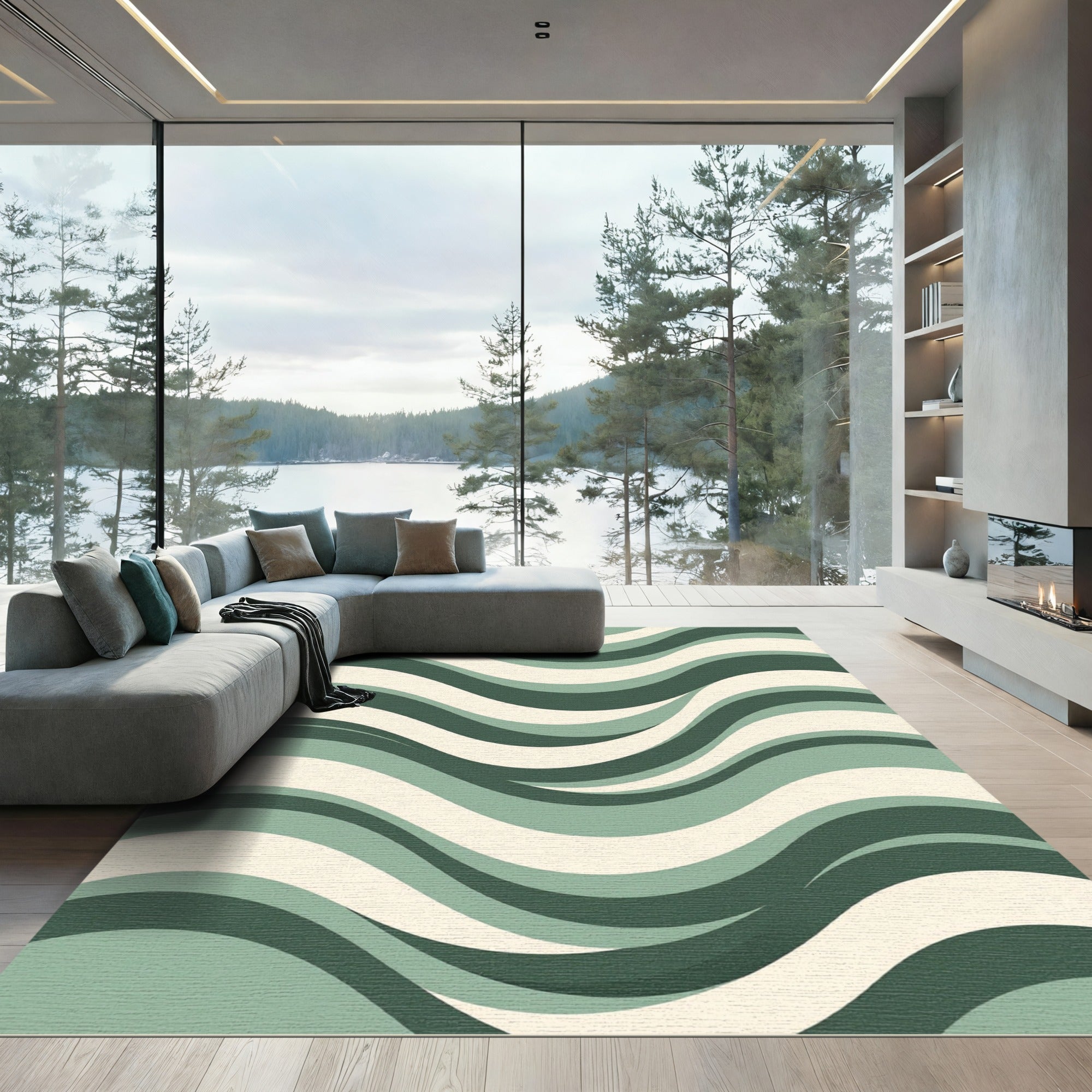 Modern Sage Green Wavy Abstract Rug