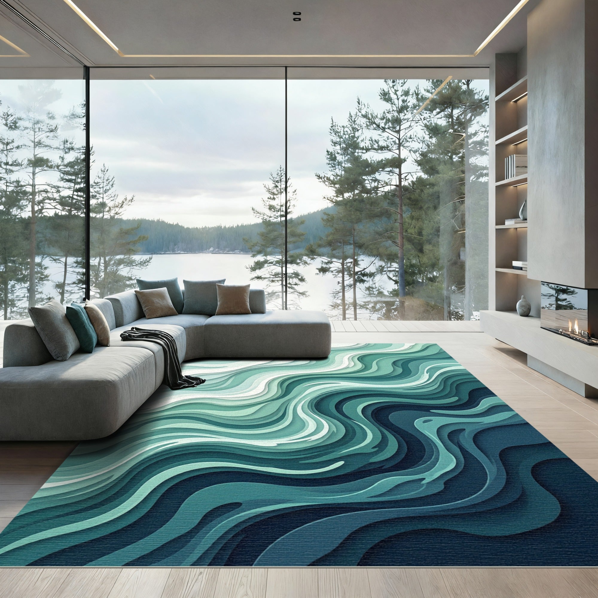 Abstract Teal Blue Water Layers Rug