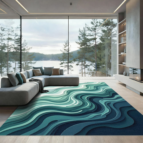 Abstract Teal Blue Water Layers Rug