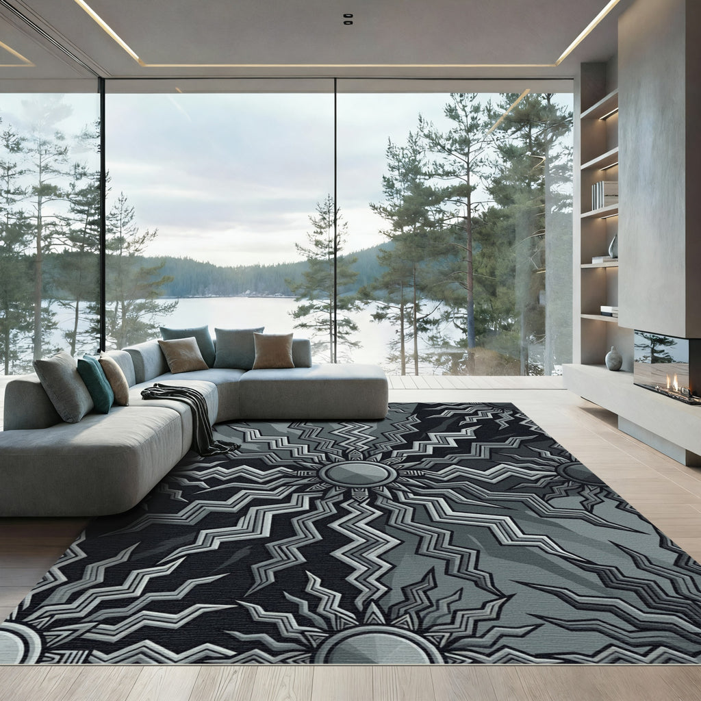Monochromatic Sunburst Geometric Arrangement Rug