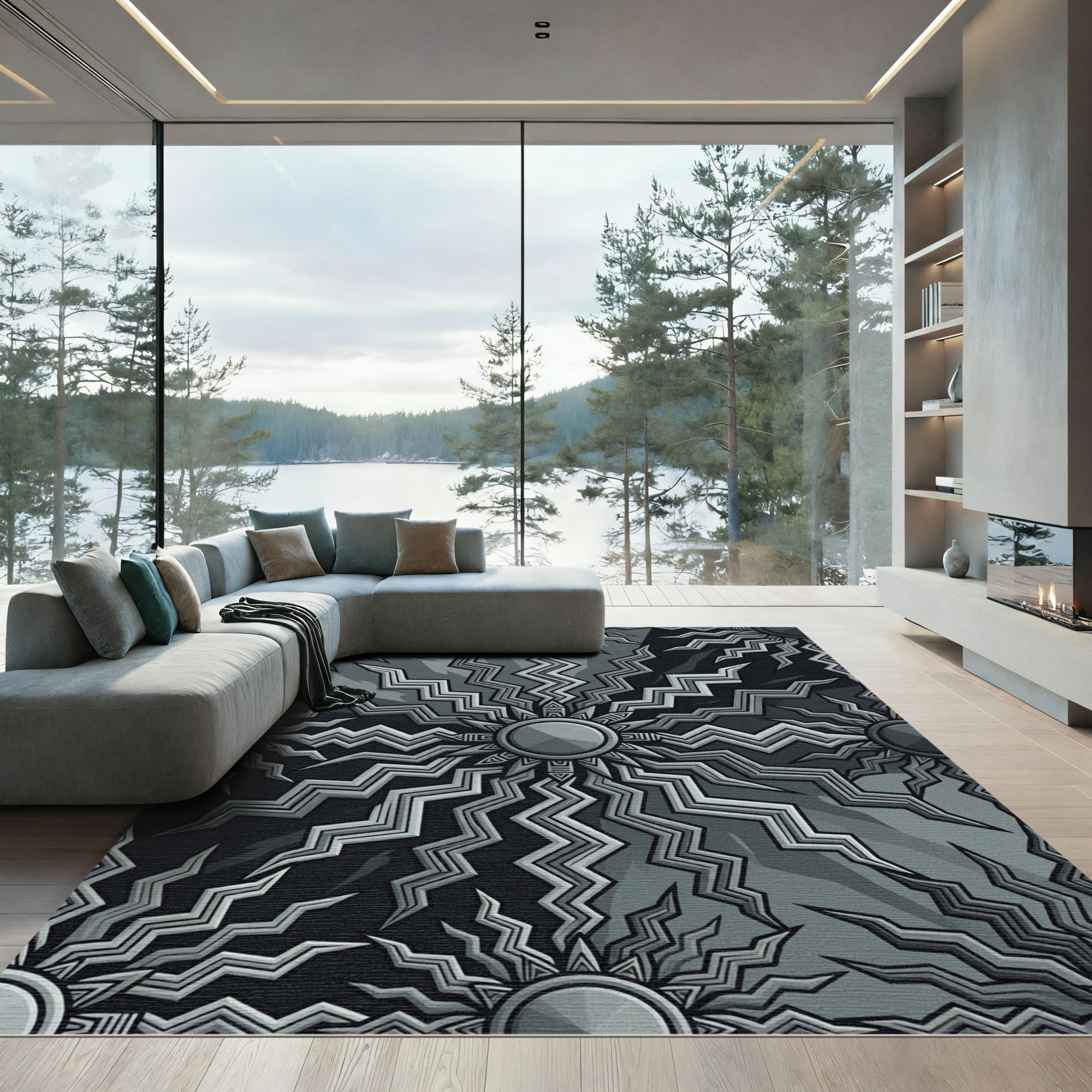 Monochromatic Sunburst Geometric Arrangement Rug