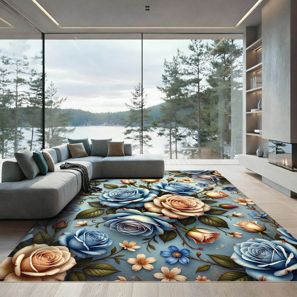 Classic Blue Beige Rose Garden Rug