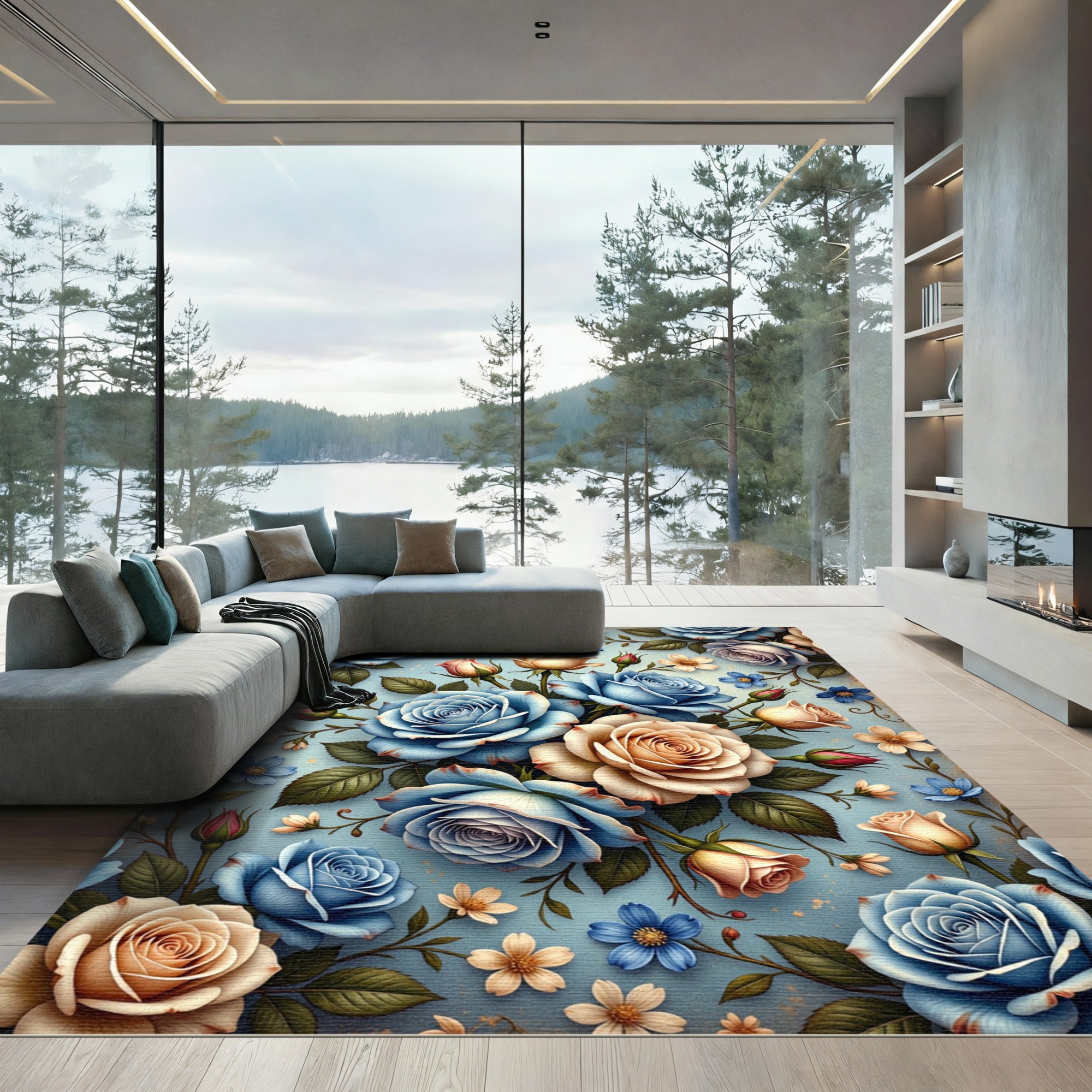 Classic Blue Beige Rose Garden Rug
