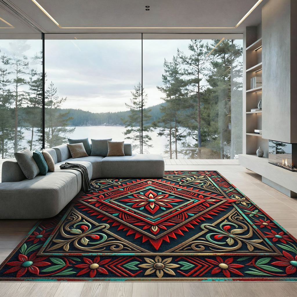 Vibrant Crimson Teal Geometric Floral Medallion Rug