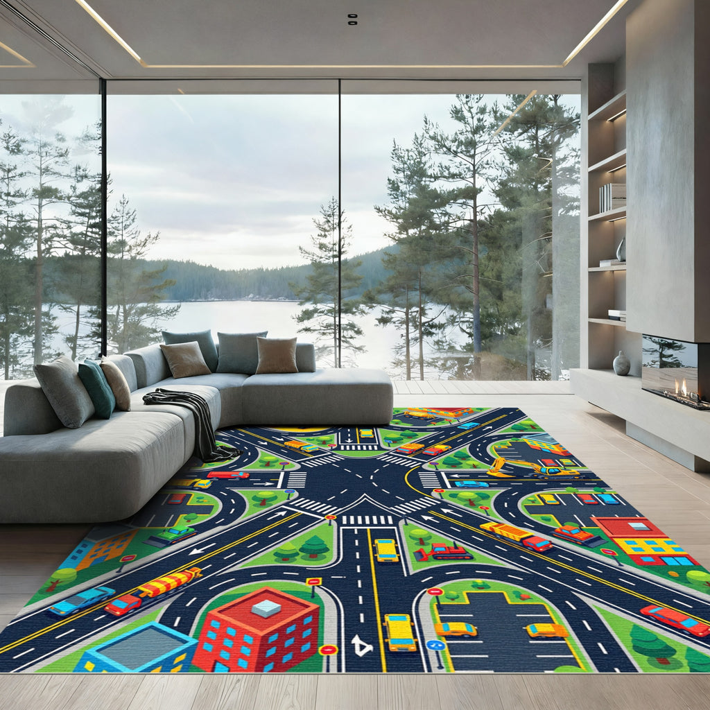 Vibrant Isometric City Traffic Map Rug