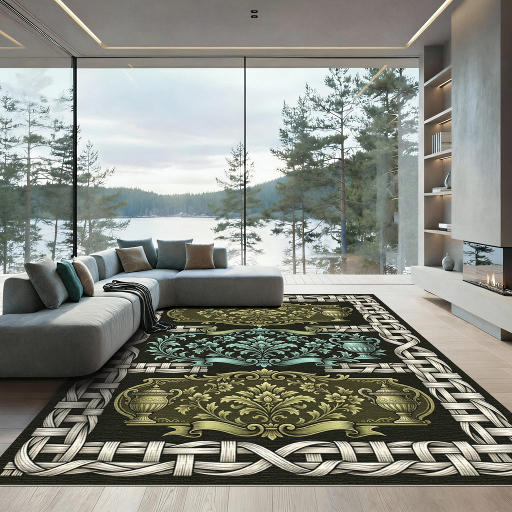 Ornate Rococo Urn Ivory Woven Border Rug