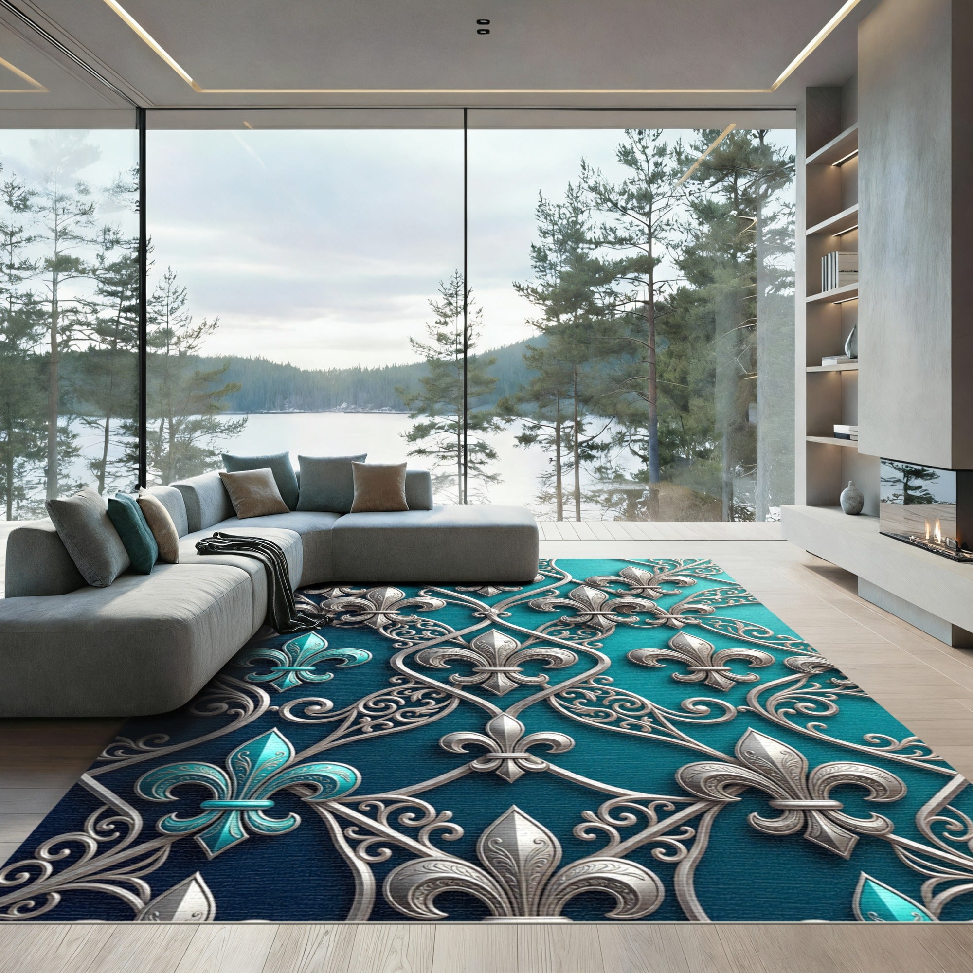 Elegant Teal Silver Fleur-de-Lis Lattice Rug