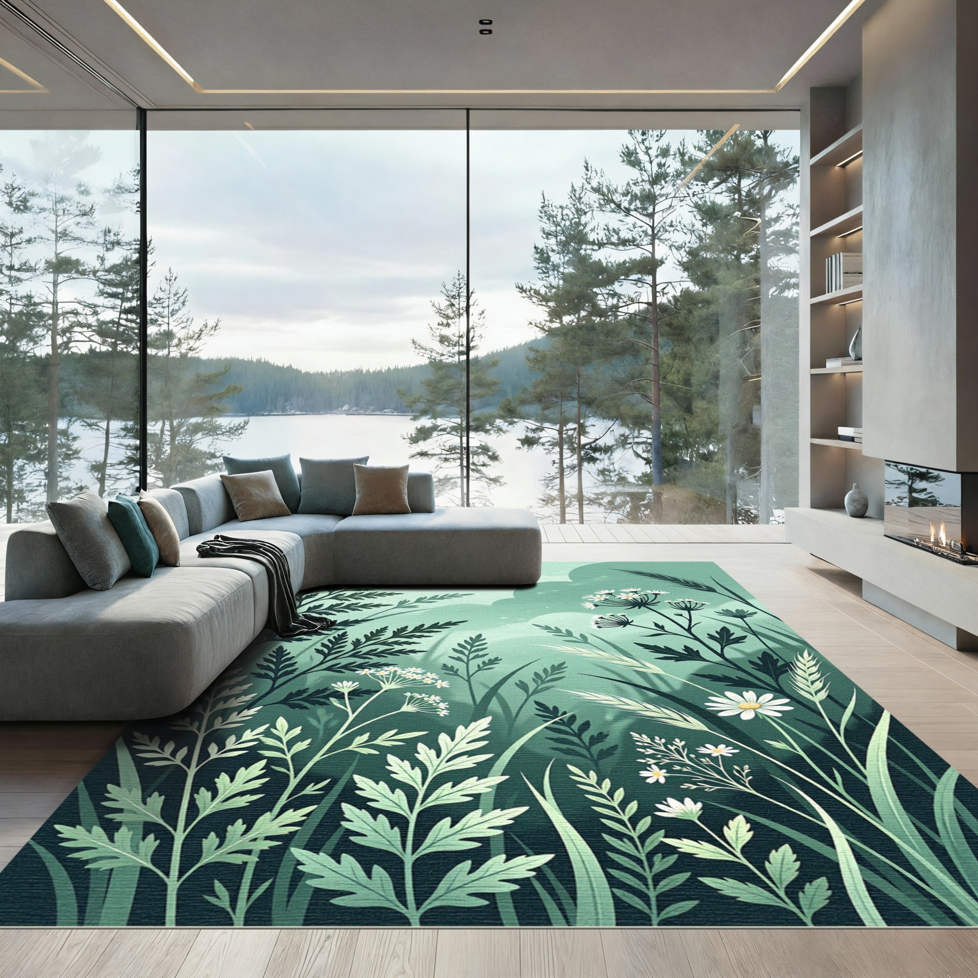 Ethereal Sage Green Wildflower Meadow Rug