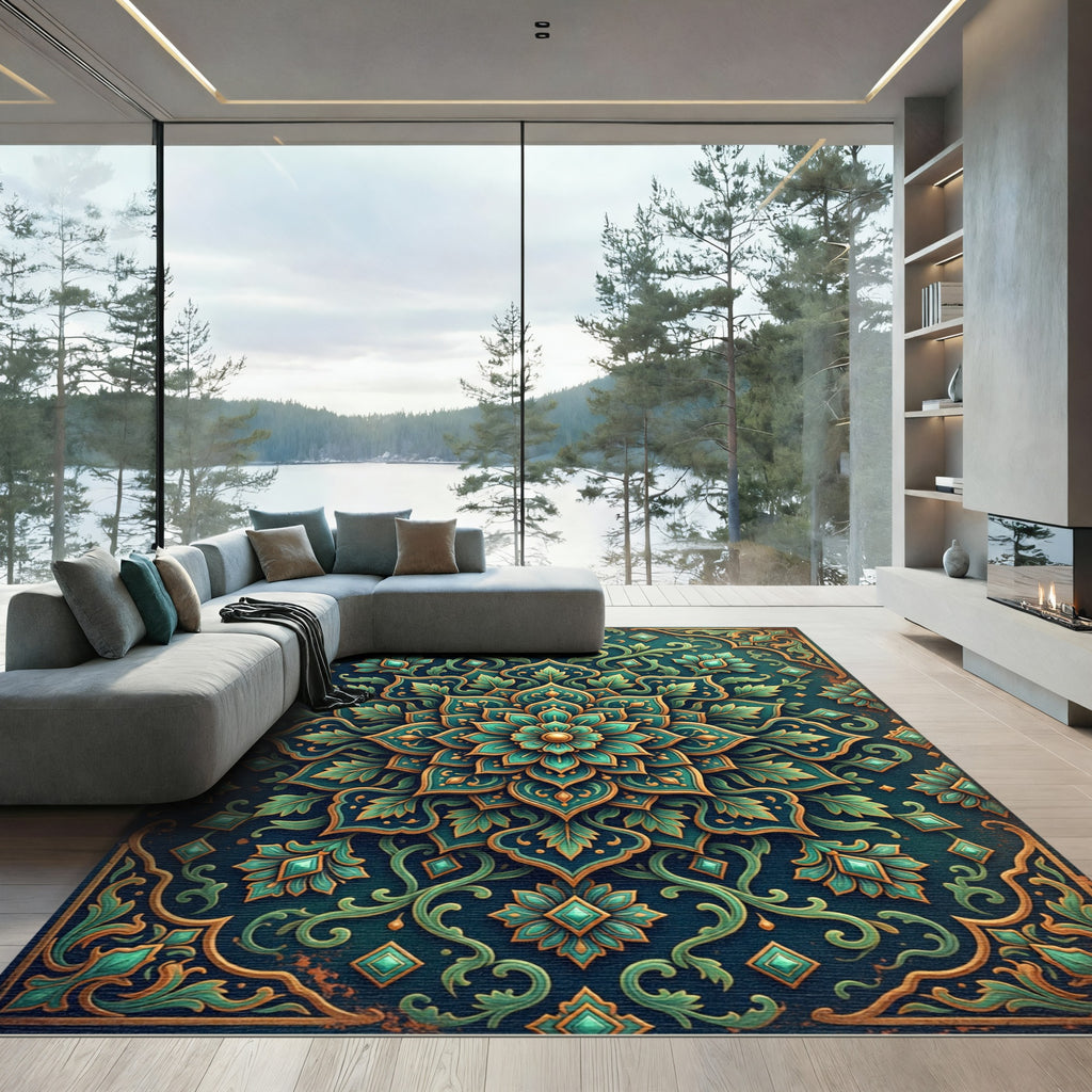 Teal Floral Medallion Gold Filigree Rug