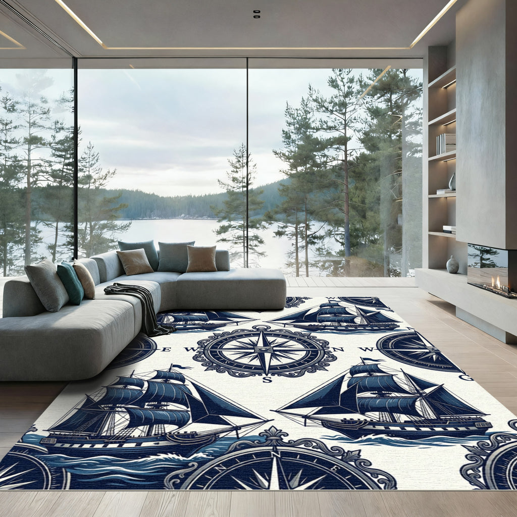 Nautical Compass and Vintage Sailing Ship Rug