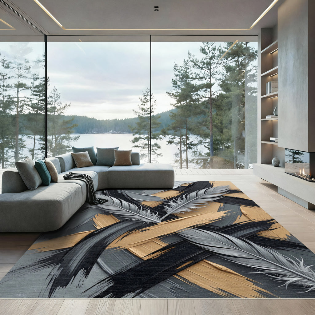 Abstract Gray Feather Gold Brushstroke Rug