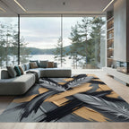 Abstract Gray Feather Gold Brushstroke Rug