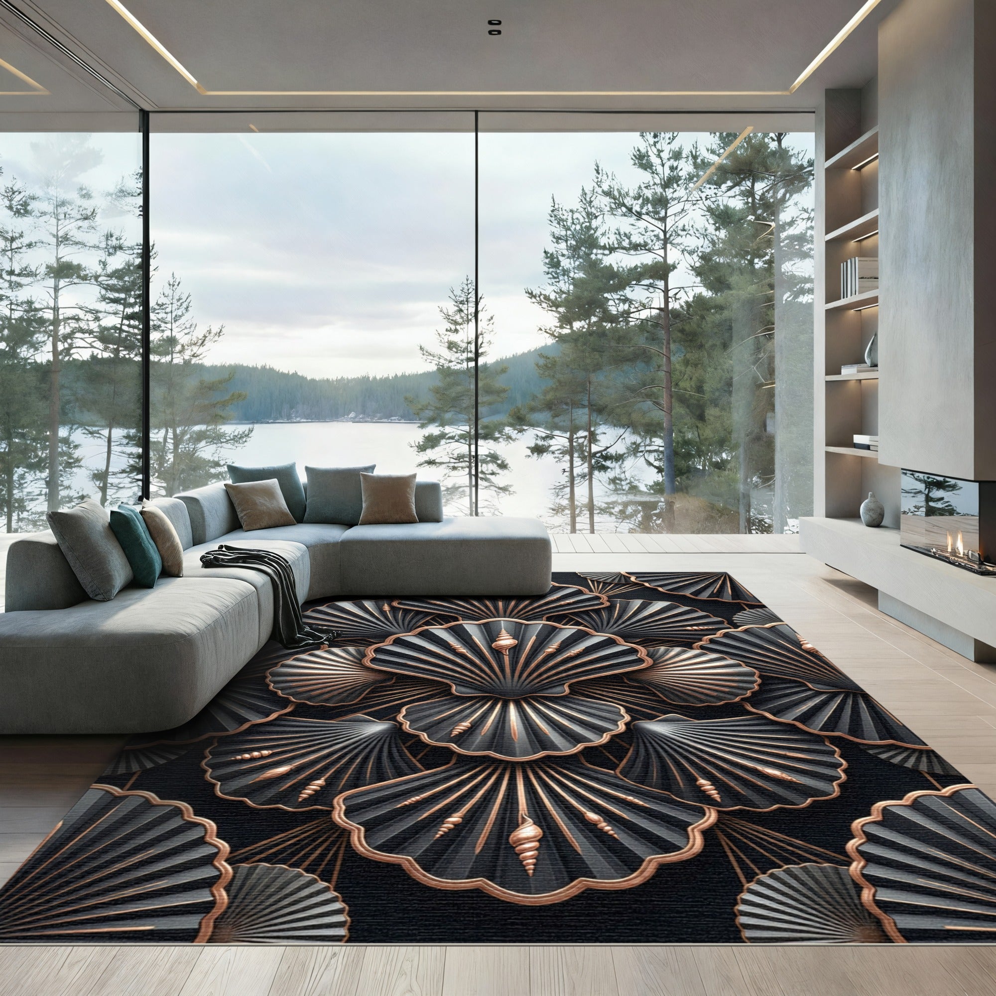 Elegant Black and Gold Shell Art Rug