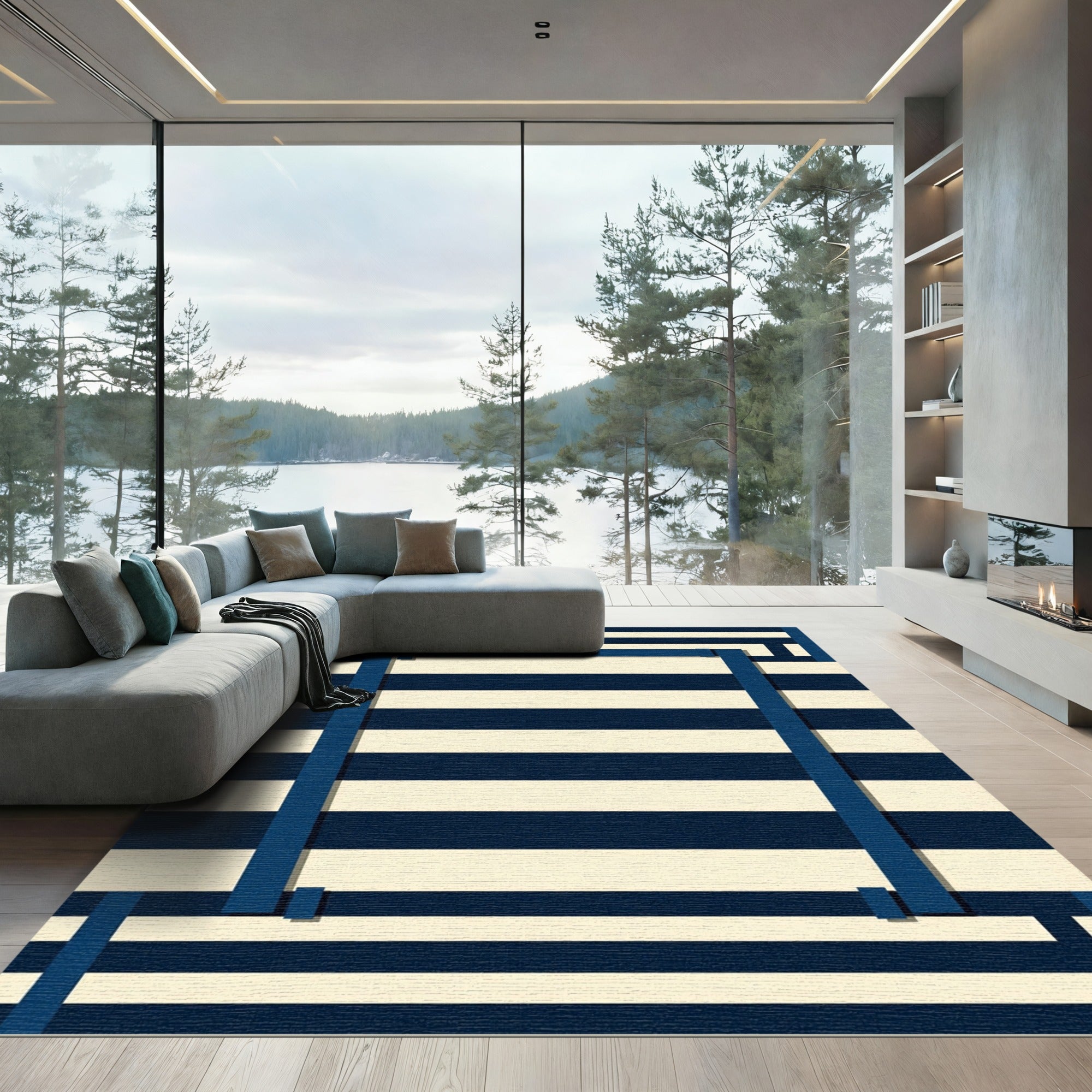 Navy Cream Geometric Grid Rug