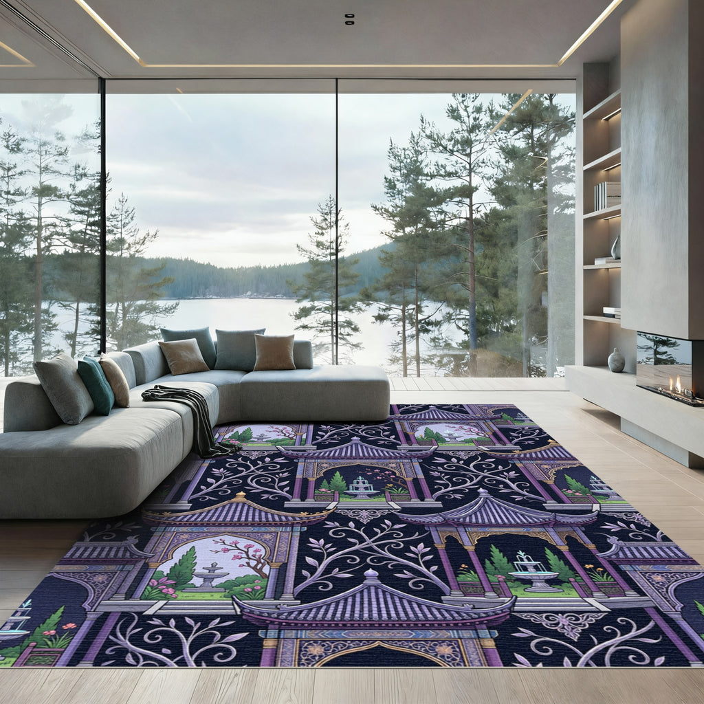 Ornate Pagoda Garden Lilac Medallion Rug