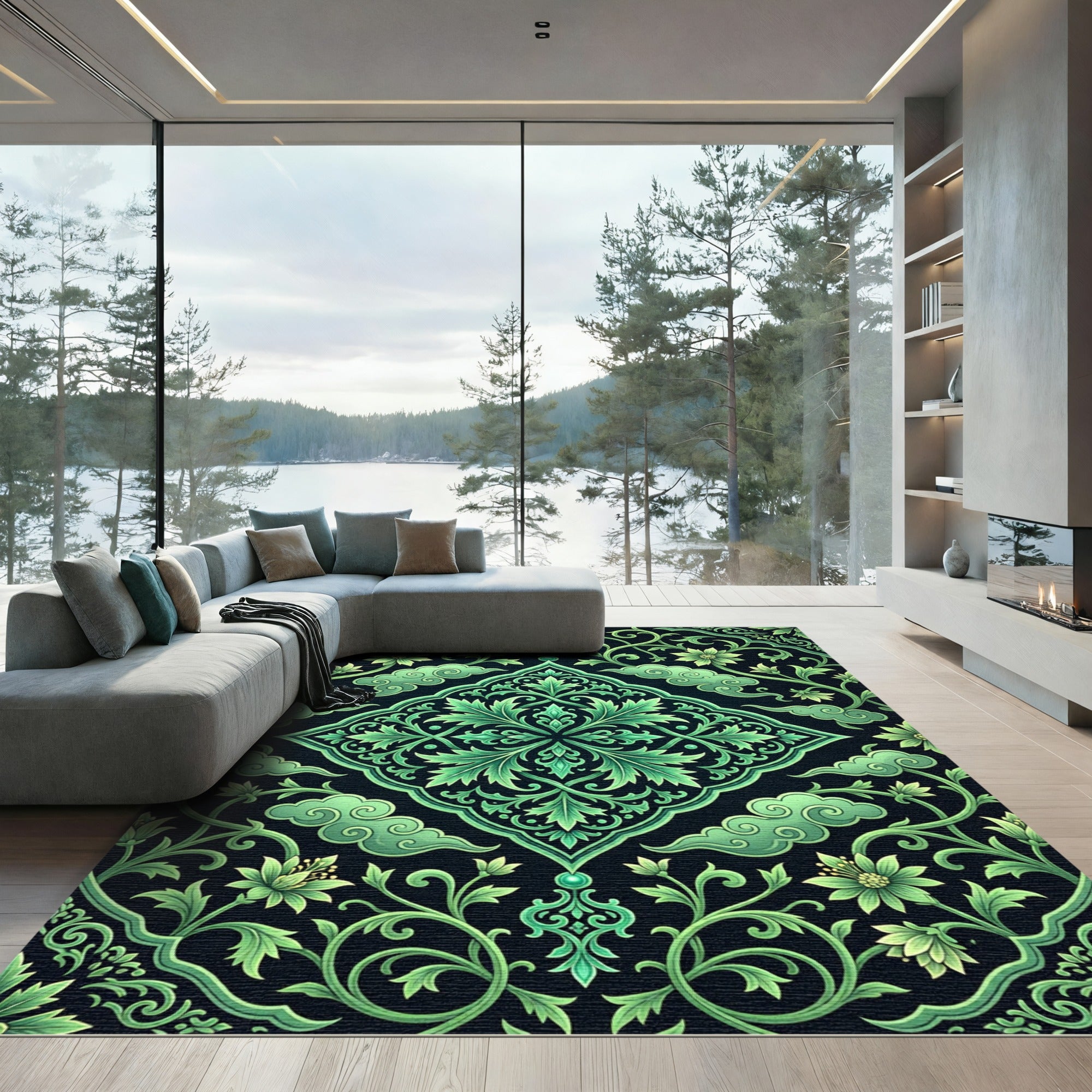 Emerald Green Floral Cloud Scroll Rug