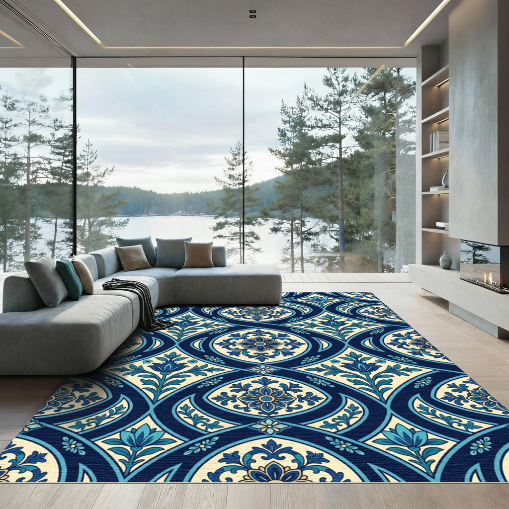 Navy Blue Golden Floral Arabesque Rug