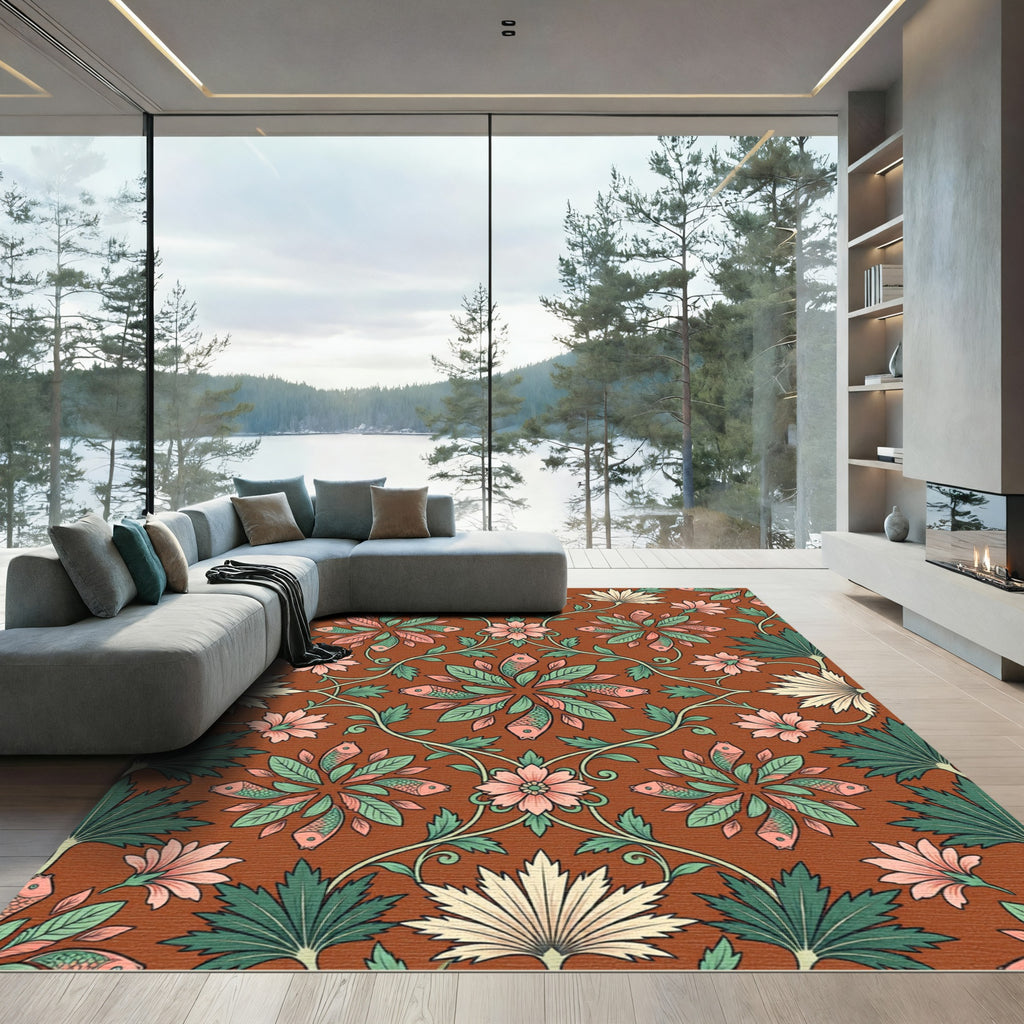 Terracotta Fish and Botanical Foliage Medallion Rug
