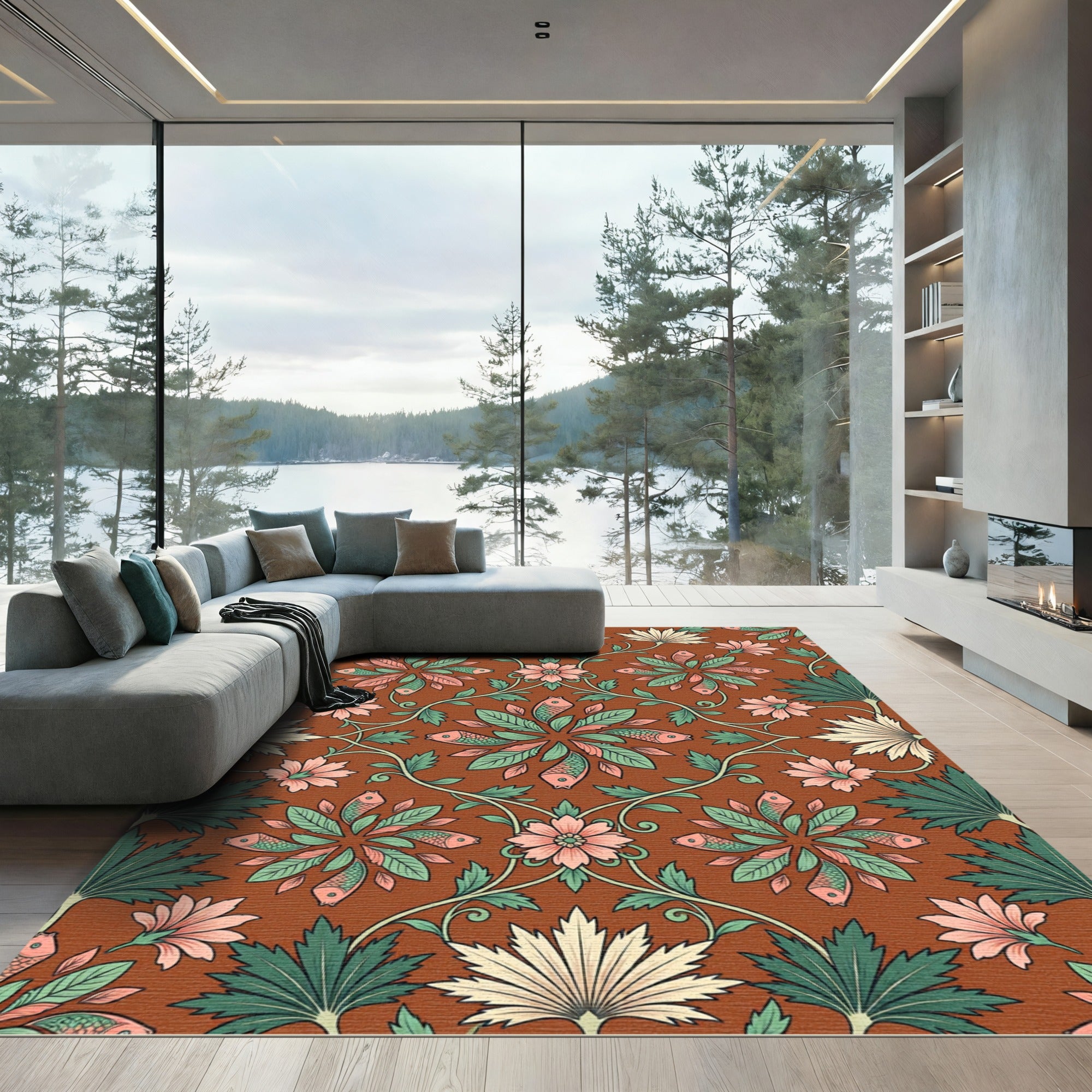 Terracotta Fish and Botanical Foliage Medallion Rug