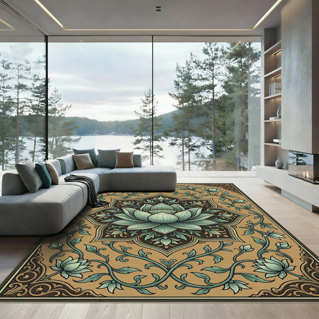 Khaki Teal Lotus Medallion Floral Rug