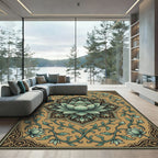 Khaki Teal Lotus Medallion Floral Rug
