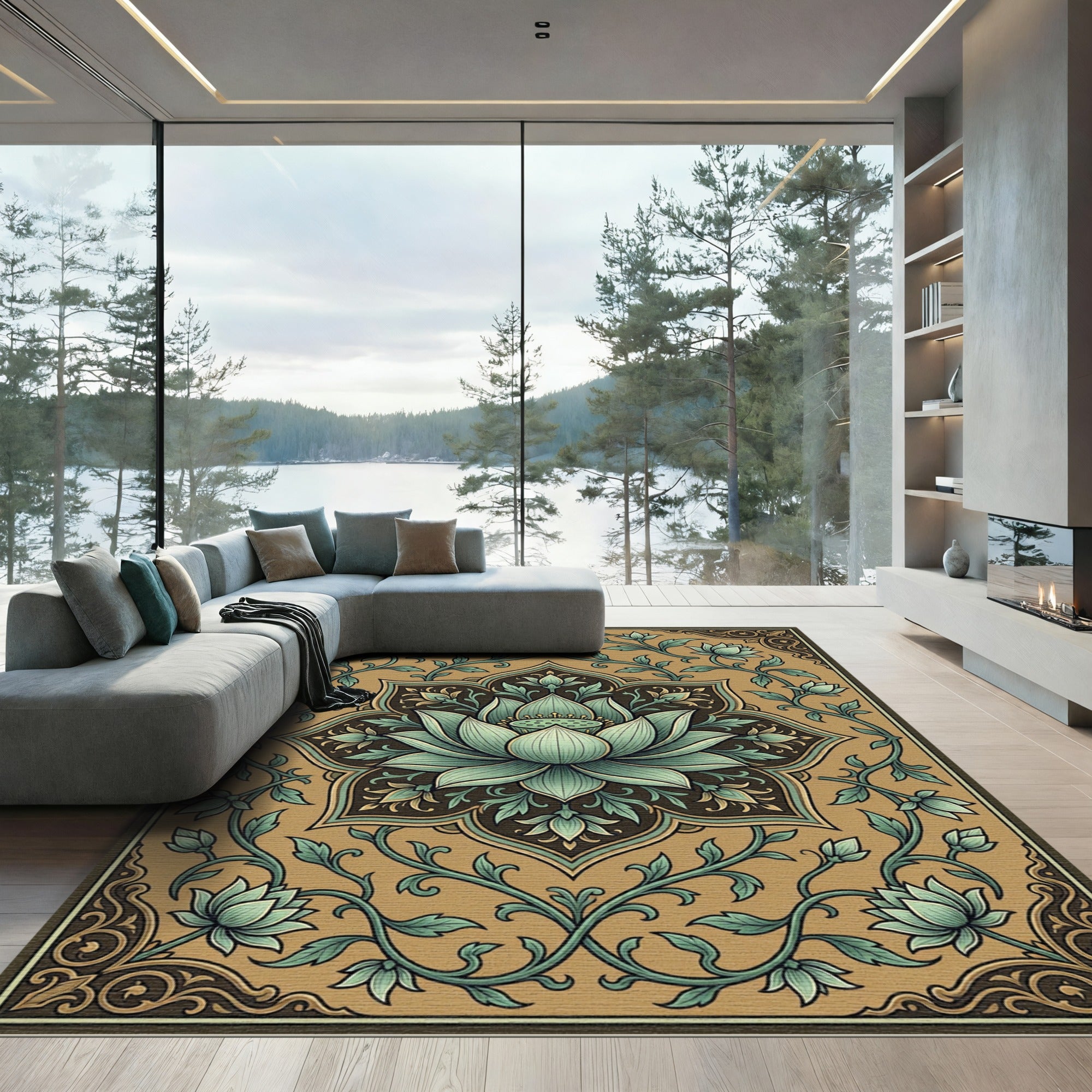 Khaki Teal Lotus Medallion Floral Rug