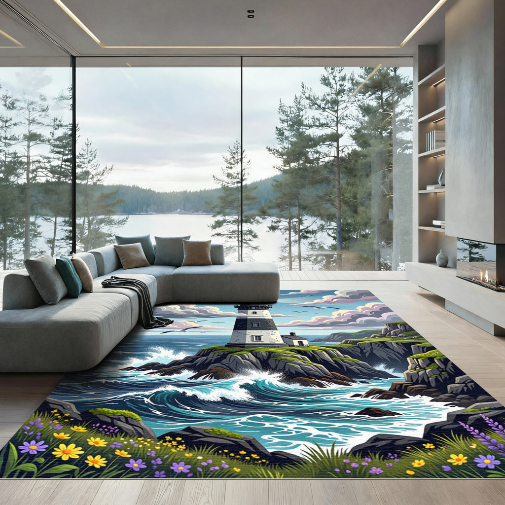 Coastal Lighthouse Rocky Cliff Scenic Landscape Rug