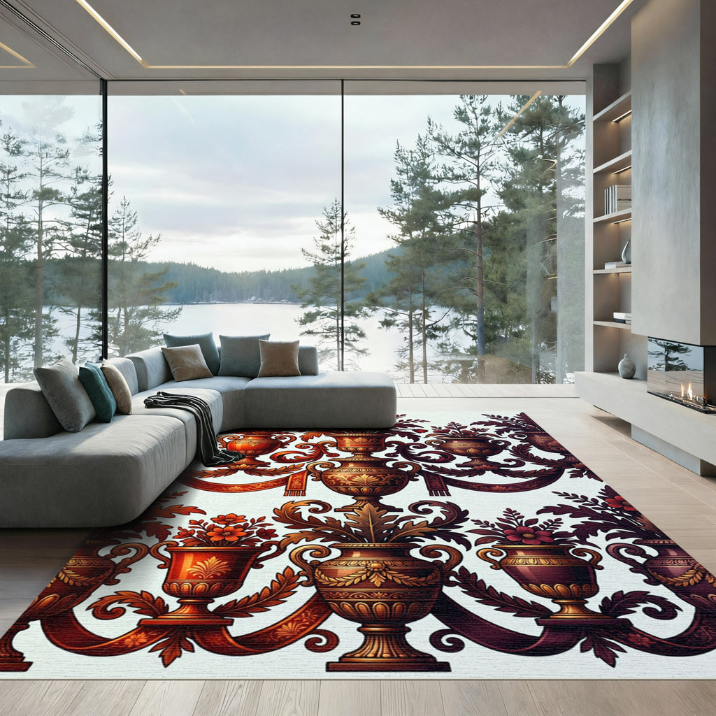 Ornate Burgundy Floral Urn Garland Rug