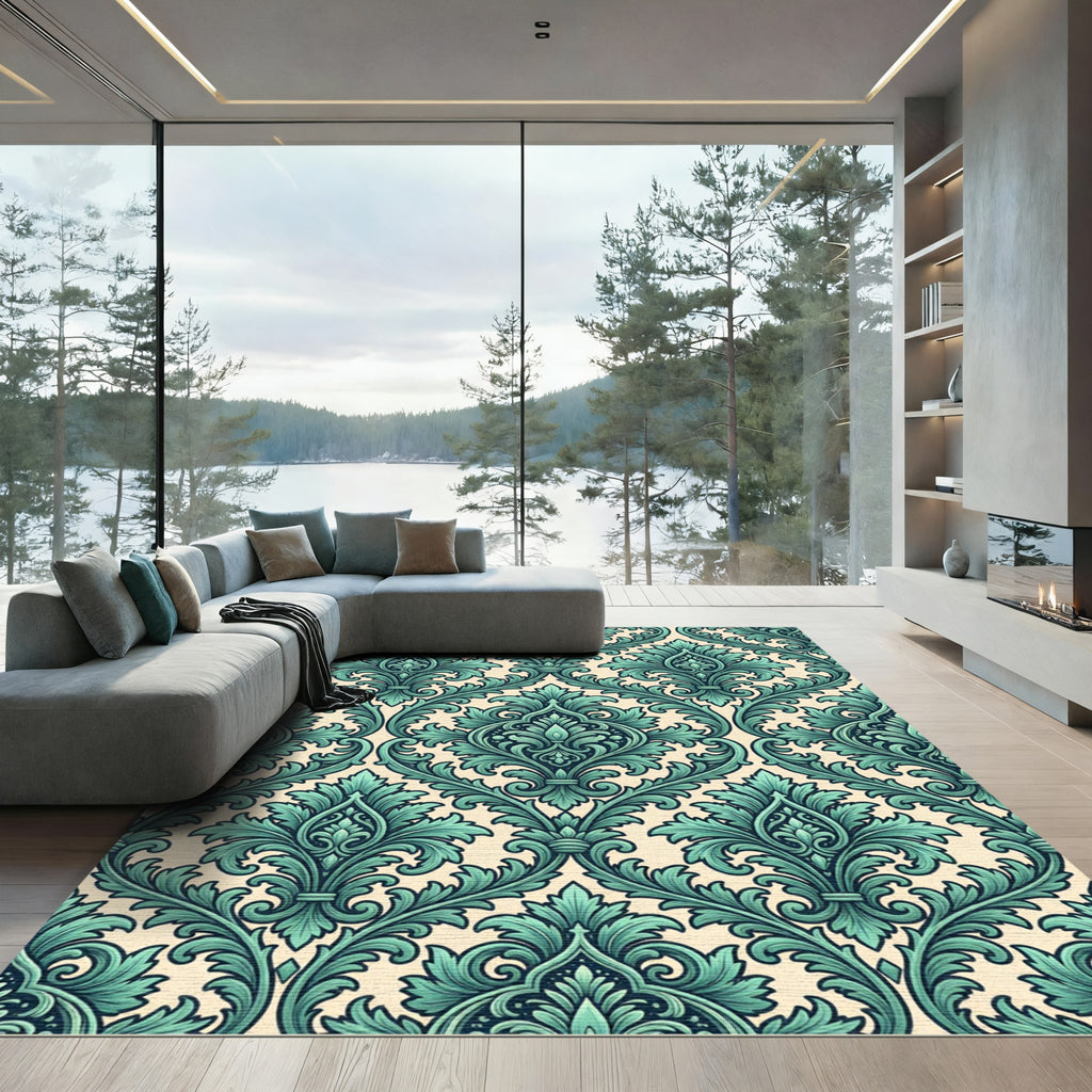 Elegant Teal Damask Scroll Medallion Rug