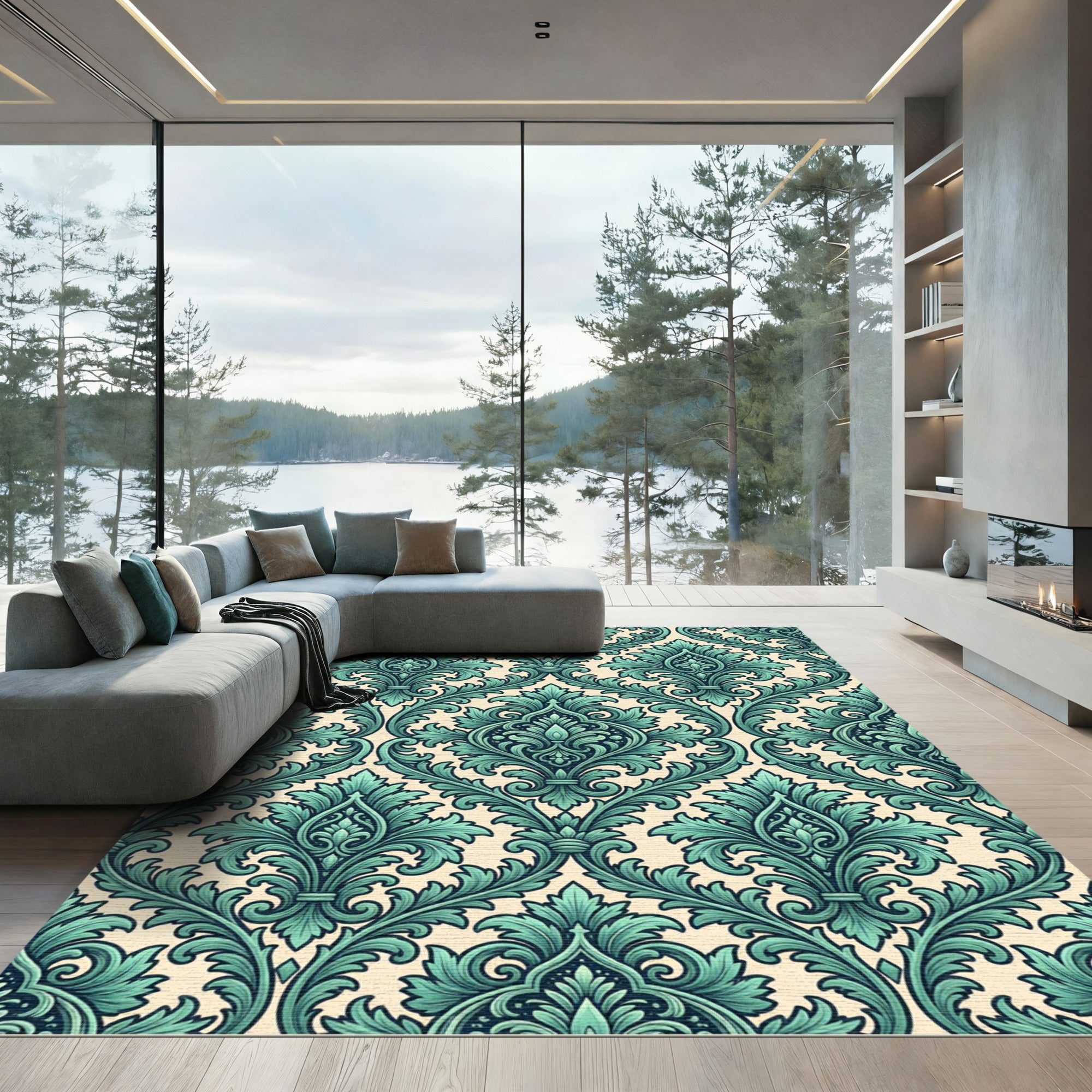 Elegant Teal Damask Scroll Medallion Rug