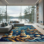 Coastal Lighthouse Harbor Nautical Night Scene Rug