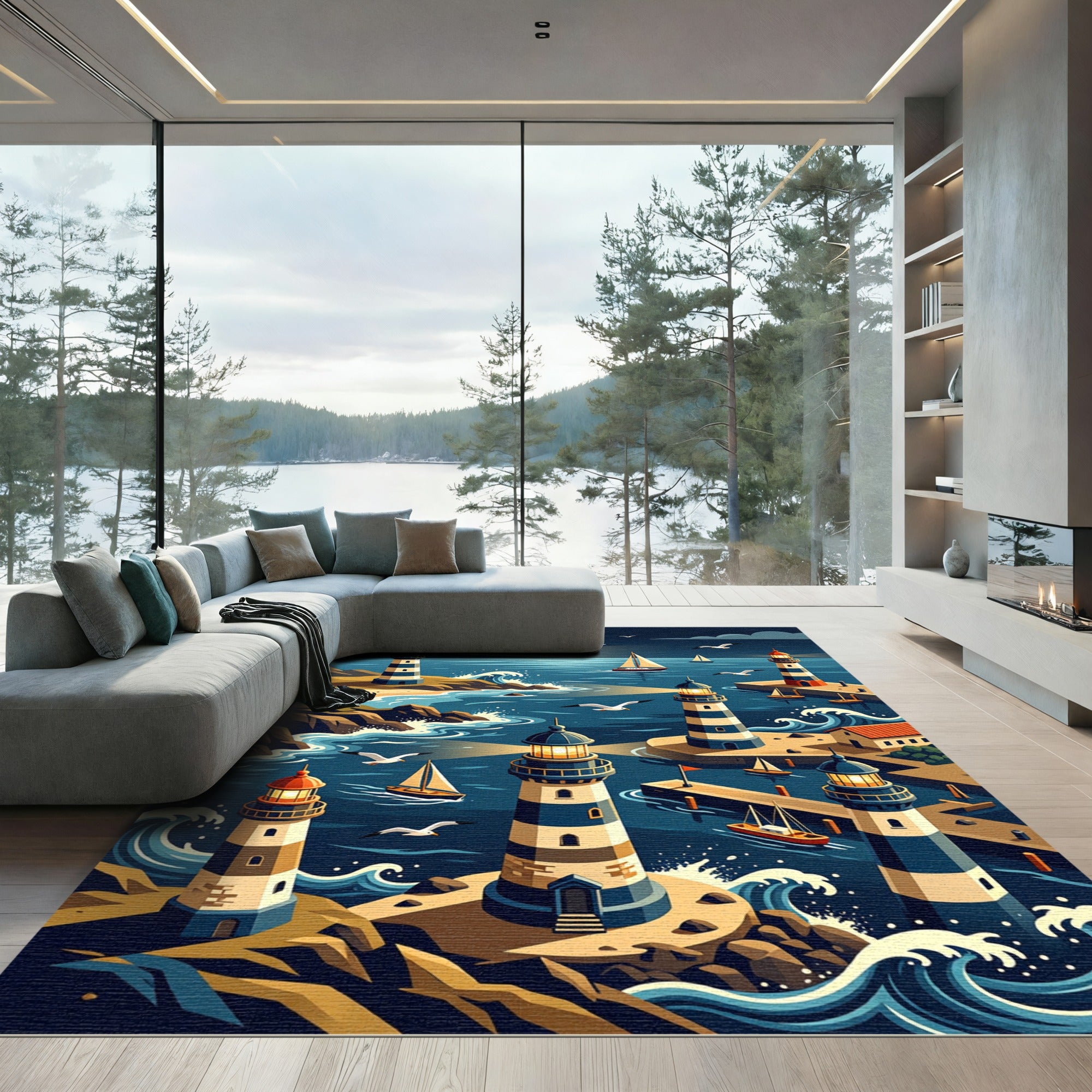 Coastal Lighthouse Harbor Nautical Night Scene Rug
