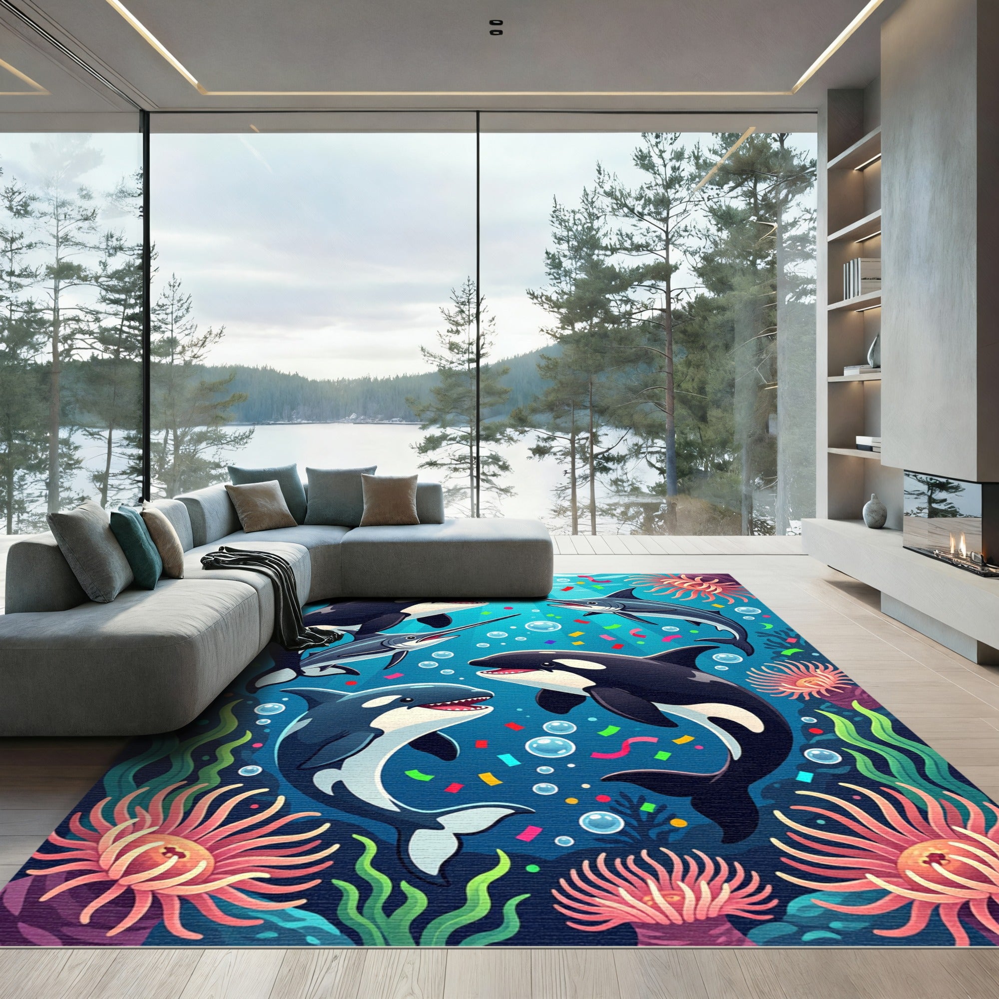 Vibrant Underwater Orca and Swordfish Scene Rug