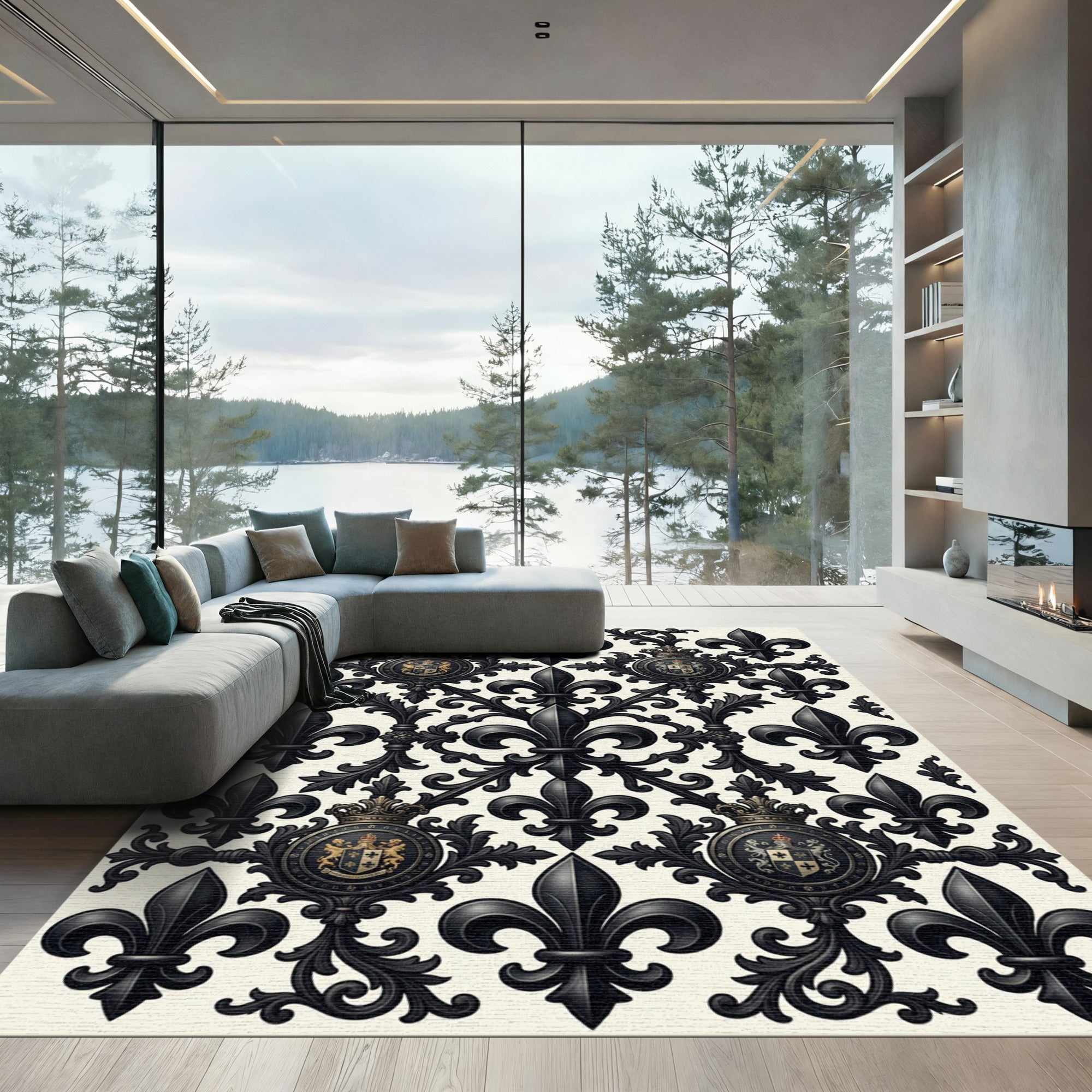 Black Fleur-de-lis Crest Ornament Rug