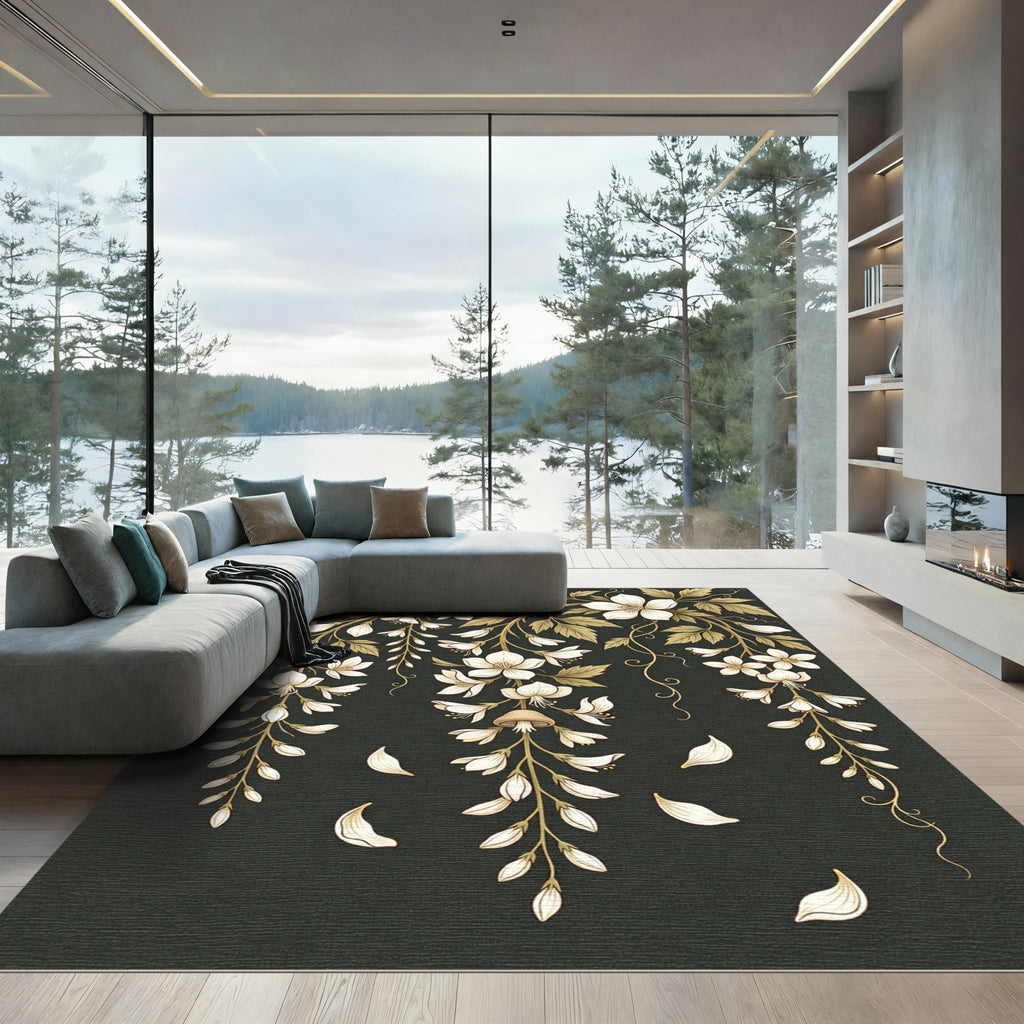 Cream Flower Vine Mushroom Whimsical Rug