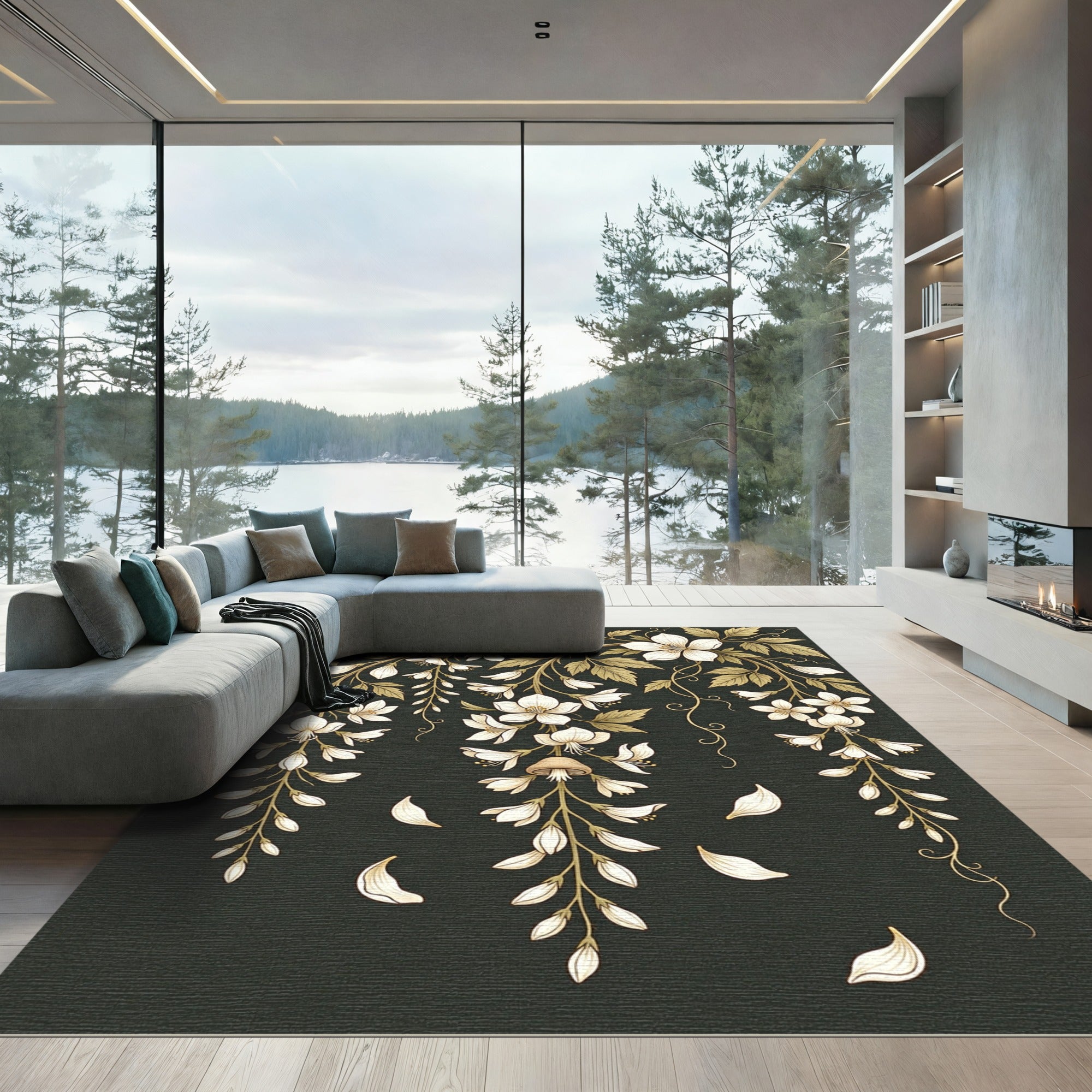 Cream Flower Vine Mushroom Whimsical Rug