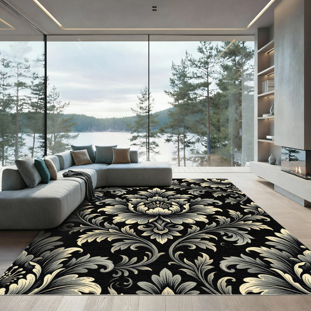 Elegant Black Floral Scroll Damask Rug